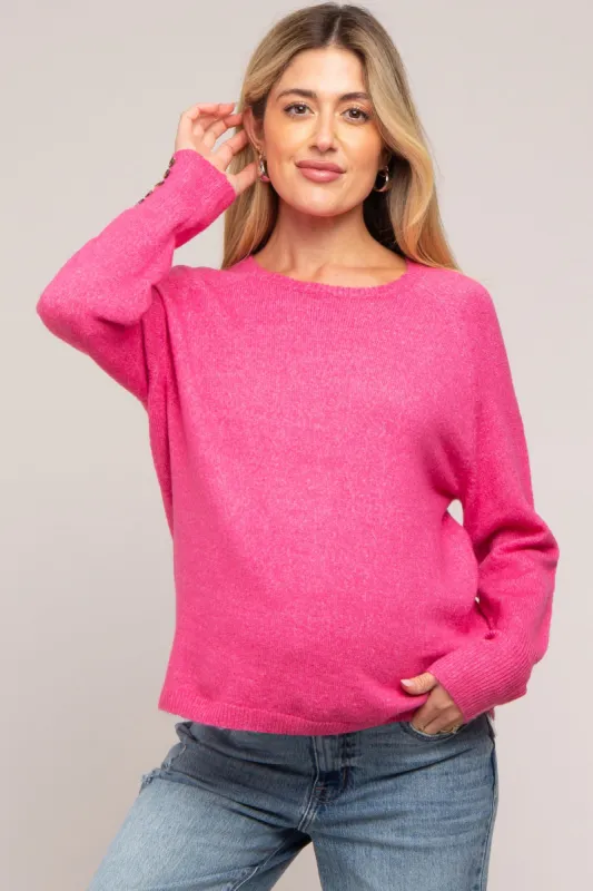 Fuchsia Button Accent Solid Maternity Sweater sold by Pinkblush