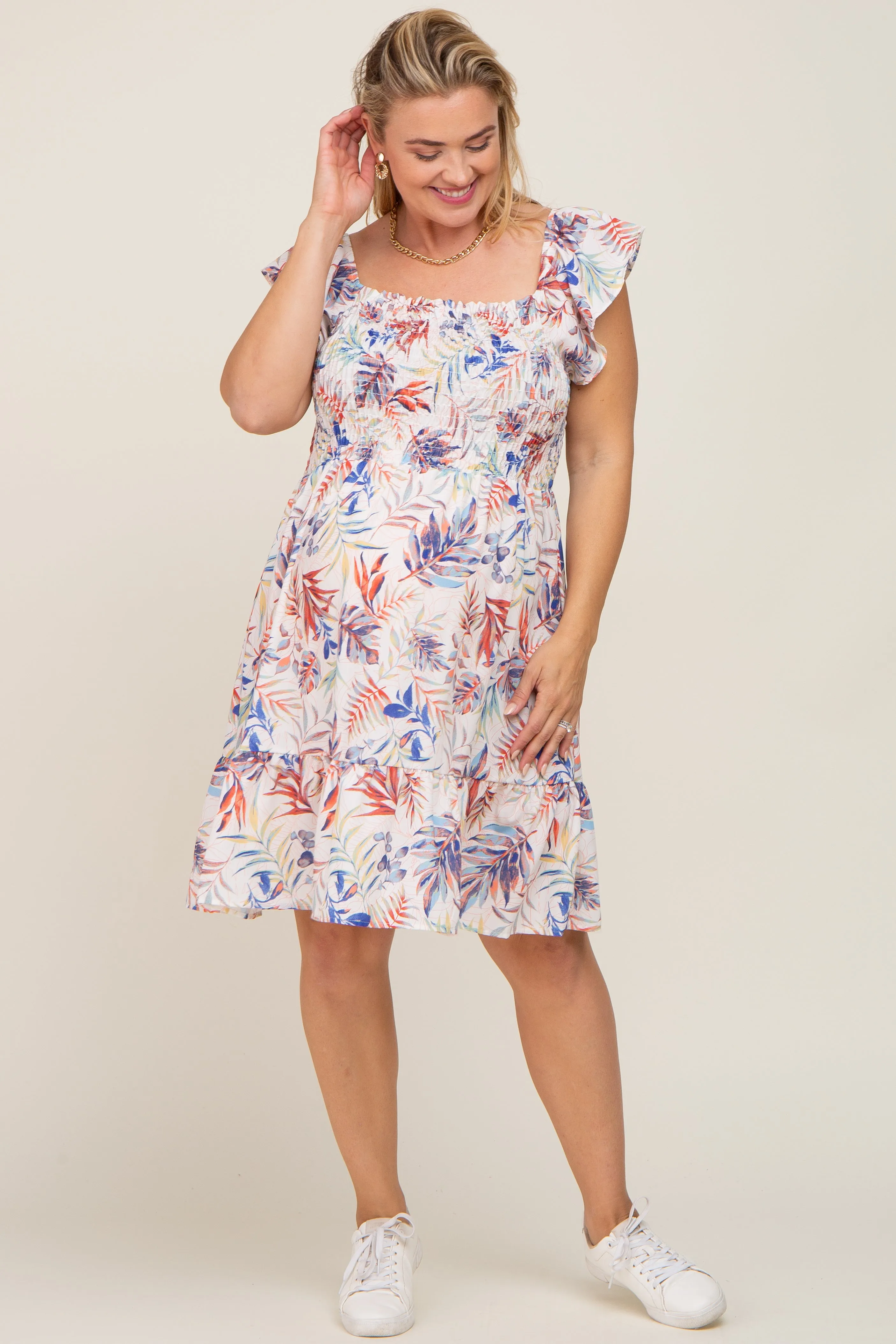 Cream Palm Print Smocked Flutter Sleeve Maternity Plus Dress sold by Pinkblush product image thumbnail 5