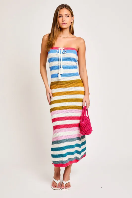 Multi Stripe Strapless Knit Fitted Midi Dress sold by Pinkblush