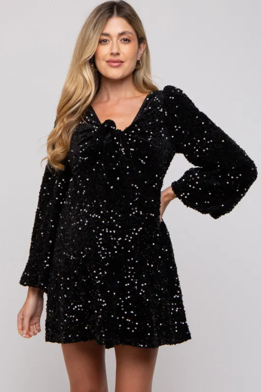 Black Sequin Velour Front Tie Maternity Mini Dress sold by Pinkblush
