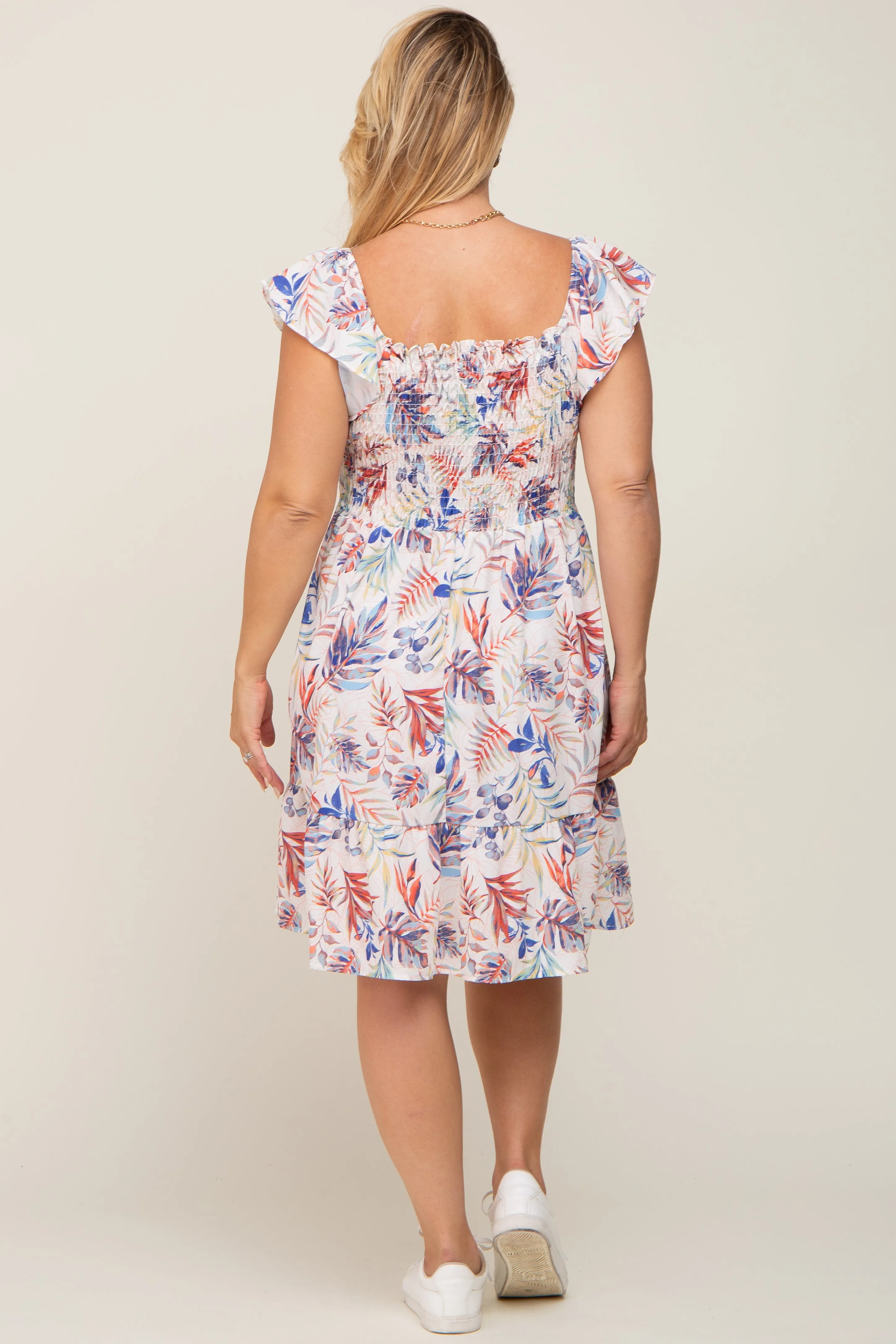 Cream Palm Print Smocked Flutter Sleeve Maternity Plus Dress sold by Pinkblush product image thumbnail 3