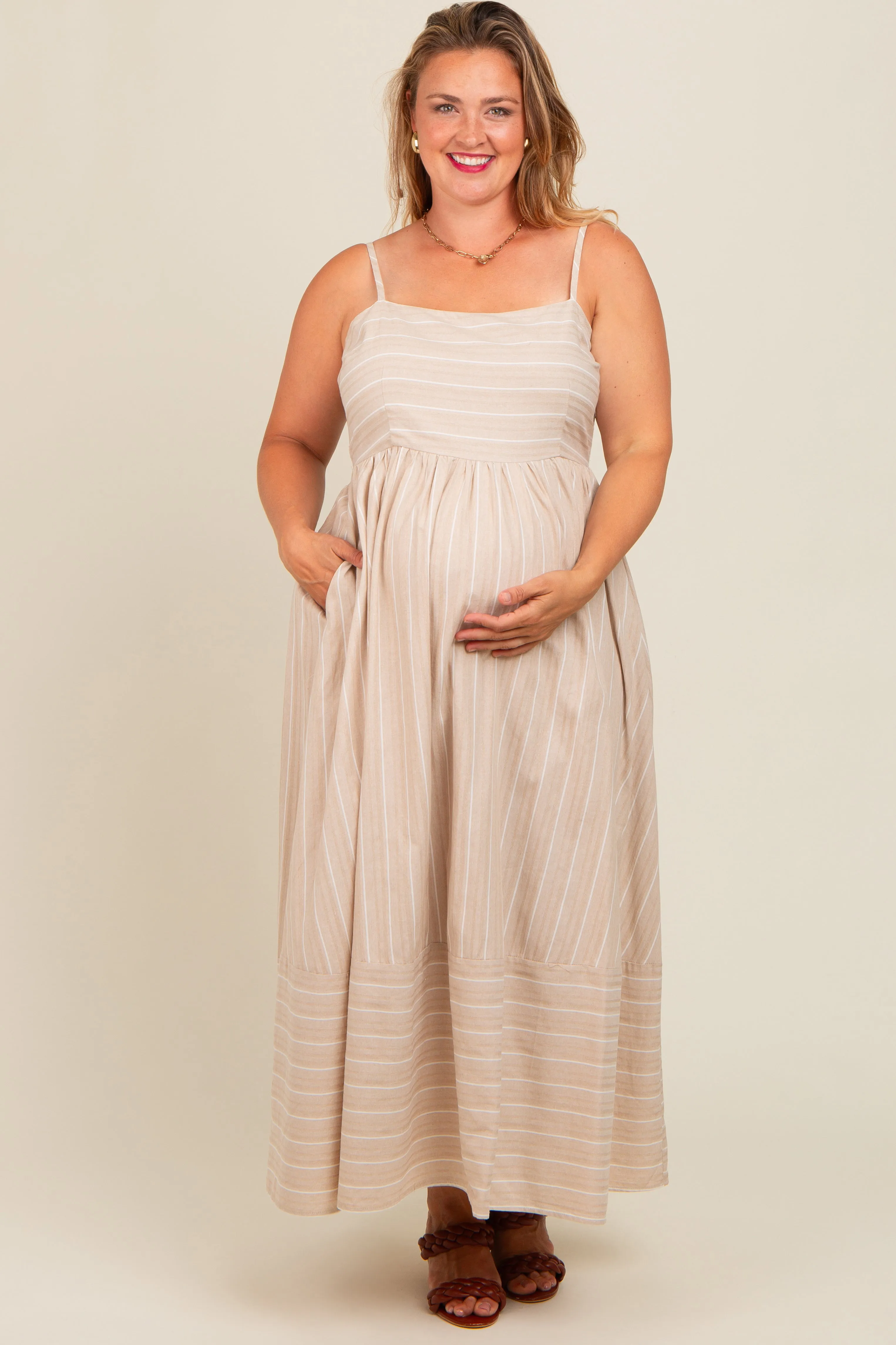 Beige Striped Cutout Back Maternity Plus Maxi Dress sold by Pinkblush
