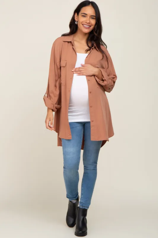 Dark Peach Oversized Maternity Button Down Blouse sold by Pinkblush