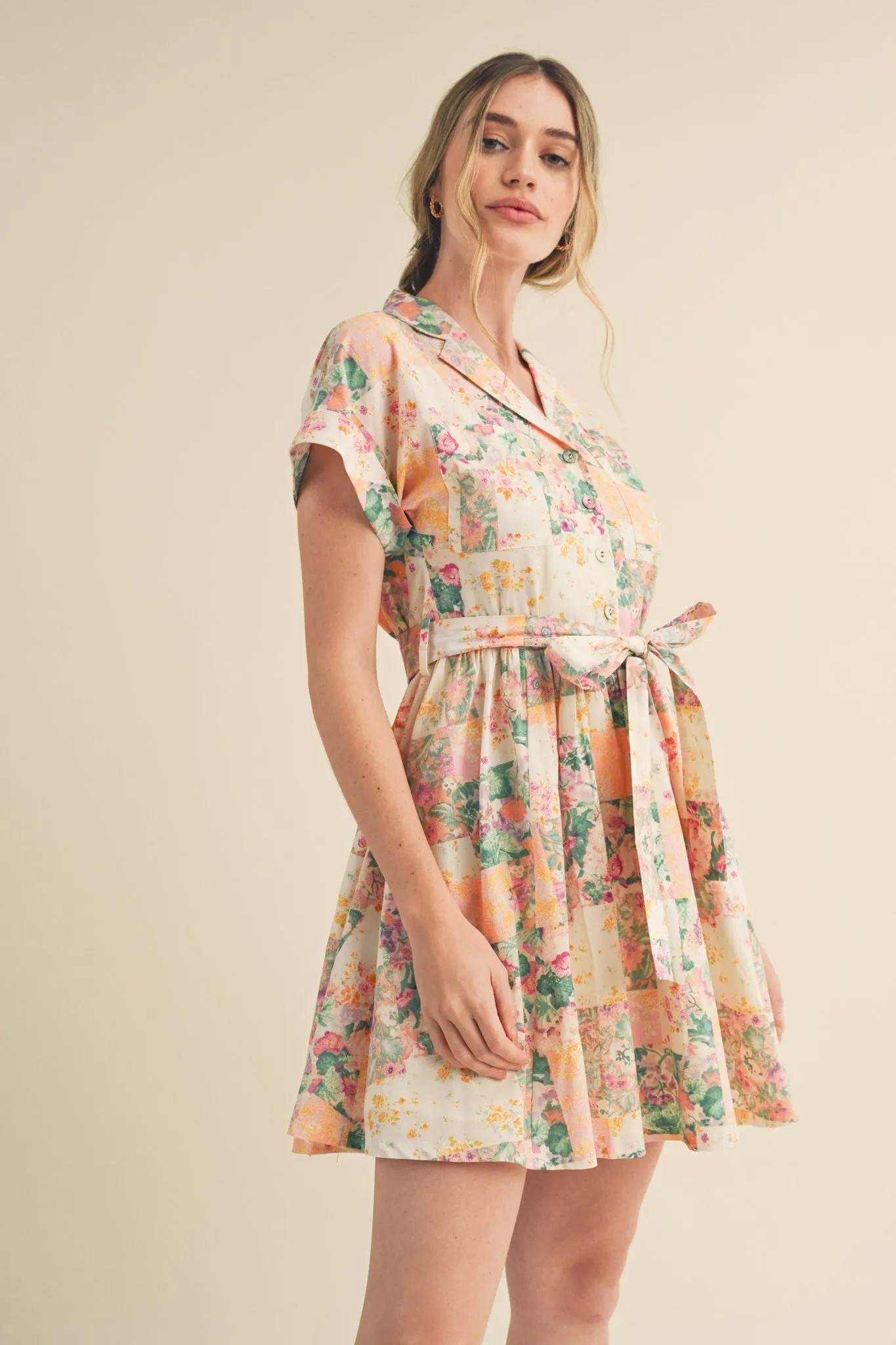 Pink Multi Floral Button Down Short Sleeve Mini Dress sold by Pinkblush product image thumbnail 2