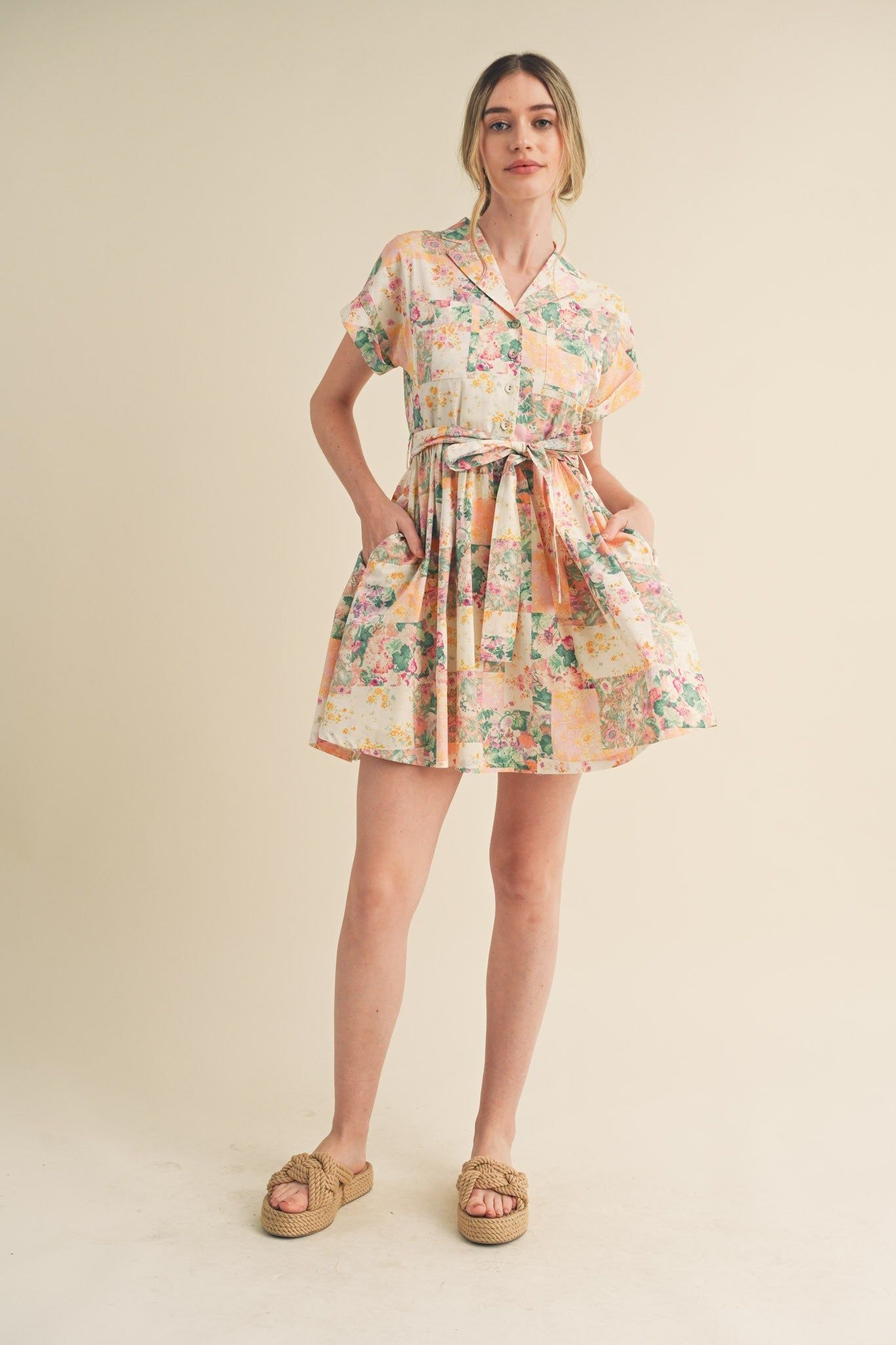 Pink Multi Floral Button Down Short Sleeve Mini Dress sold by Pinkblush product image thumbnail 4