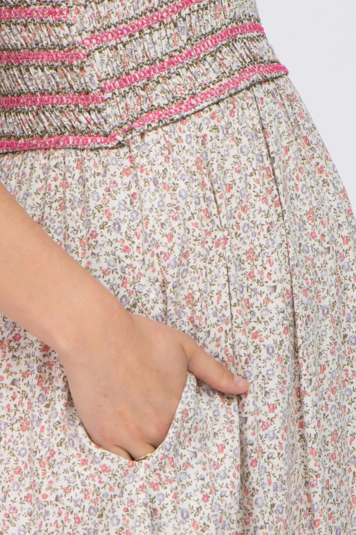 Pink Multi-Color Floral Smocked Sleeveless Maternity Midi Dress sold by Pinkblush product image thumbnail 4