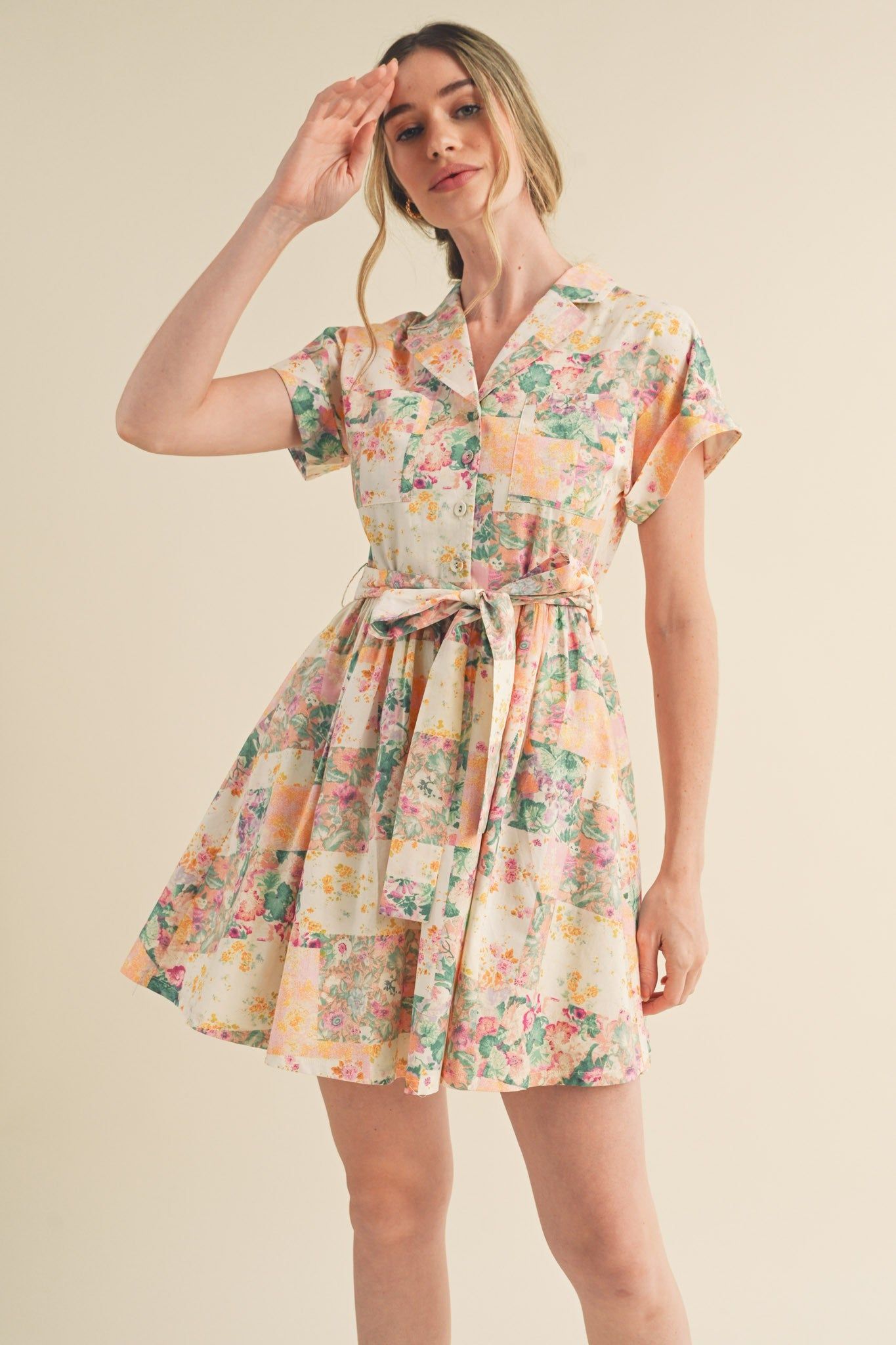 Pink Multi Floral Button Down Short Sleeve Mini Dress sold by Pinkblush
