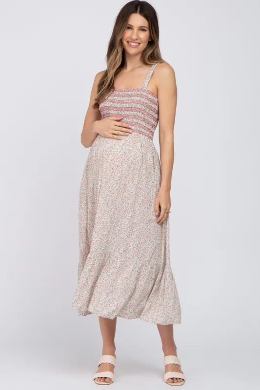Pink Multi-Color Floral Smocked Sleeveless Maternity Midi Dress sold by Pinkblush