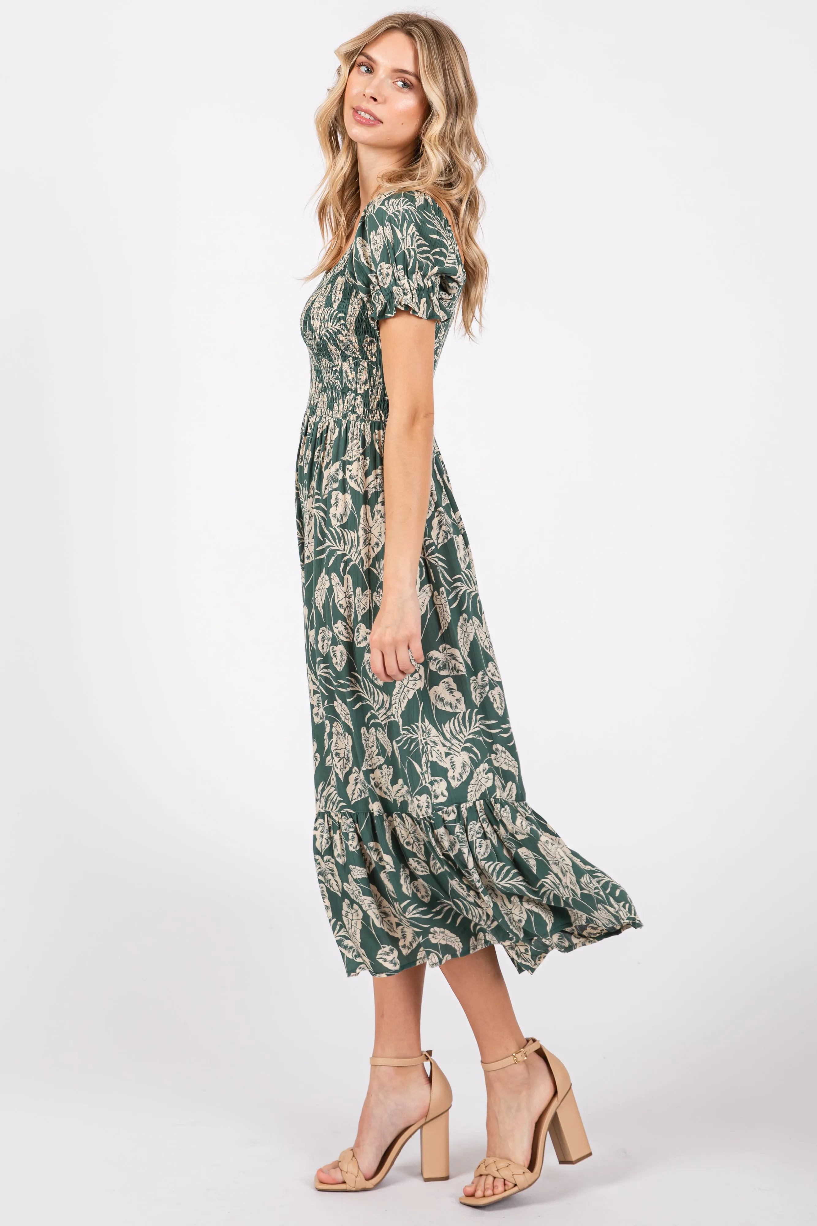 Teal Floral Smocked Short Puff Sleeve Midi Dress sold by Pinkblush product image thumbnail 2
