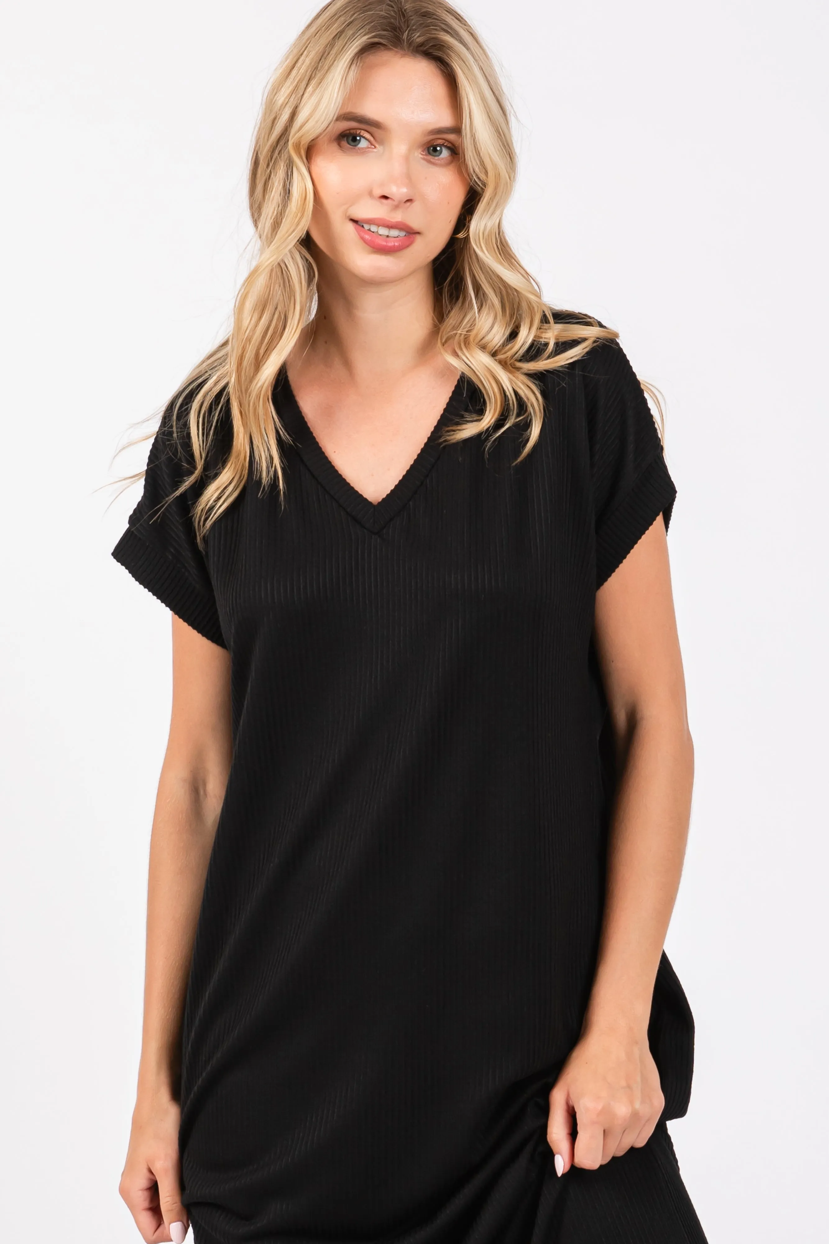 Black Ribbed V-Neck Midi Dress sold by Pinkblush product image thumbnail 4