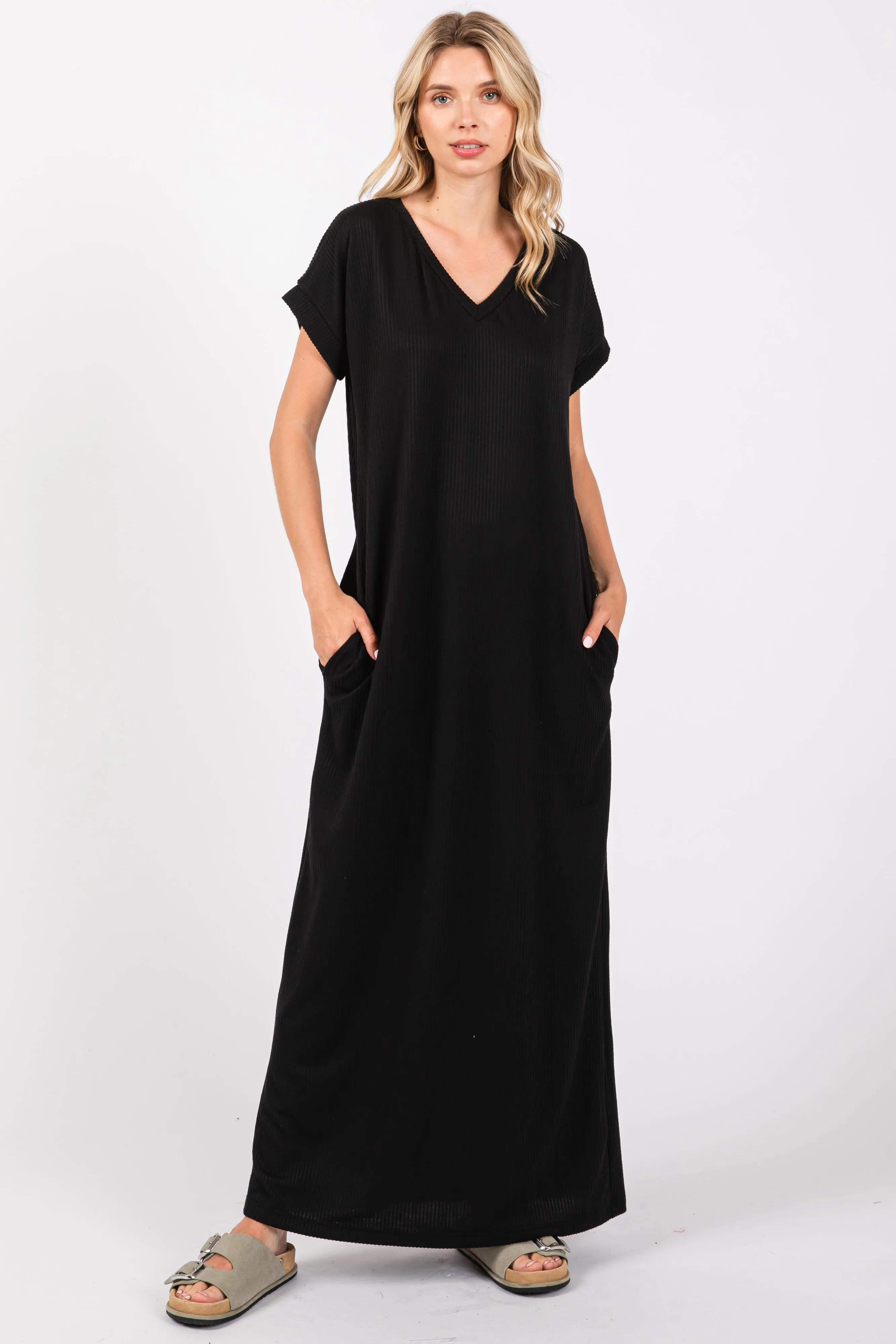 Black Ribbed V-Neck Midi Dress sold by Pinkblush