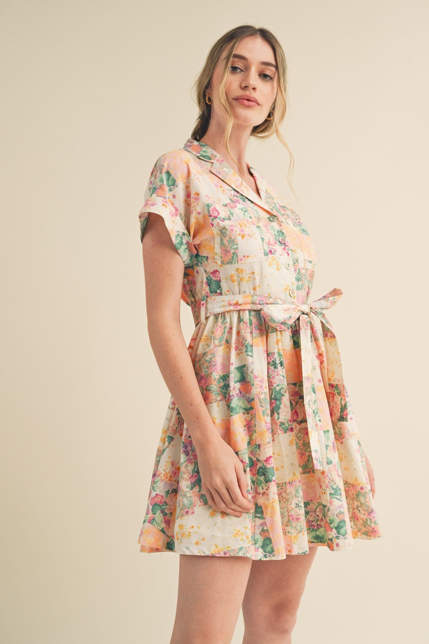 Pink Multi Floral Button Down Short Sleeve Mini Dress sold by Pinkblush product image thumbnail 2