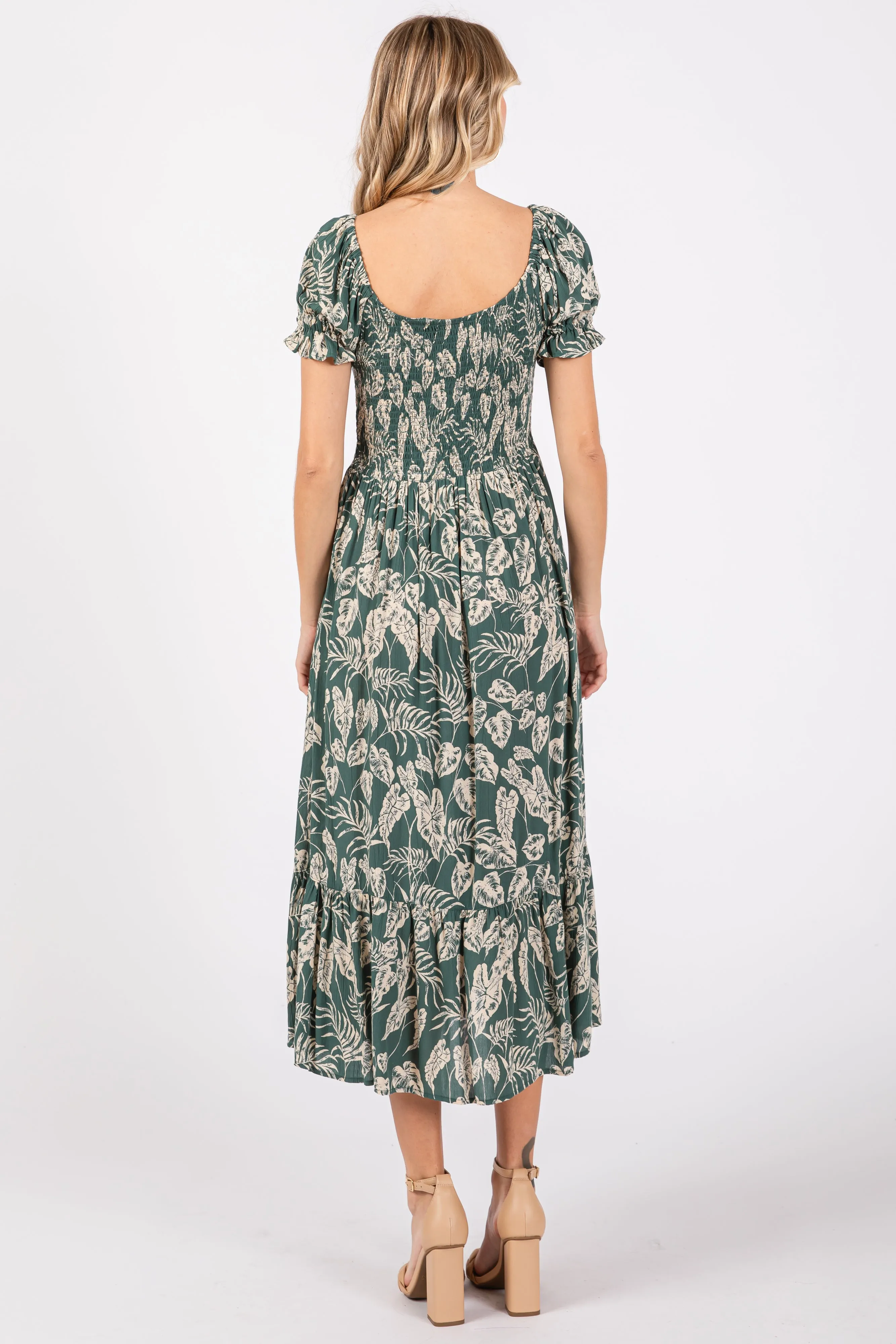 Teal Floral Smocked Short Puff Sleeve Midi Dress sold by Pinkblush product image thumbnail 3