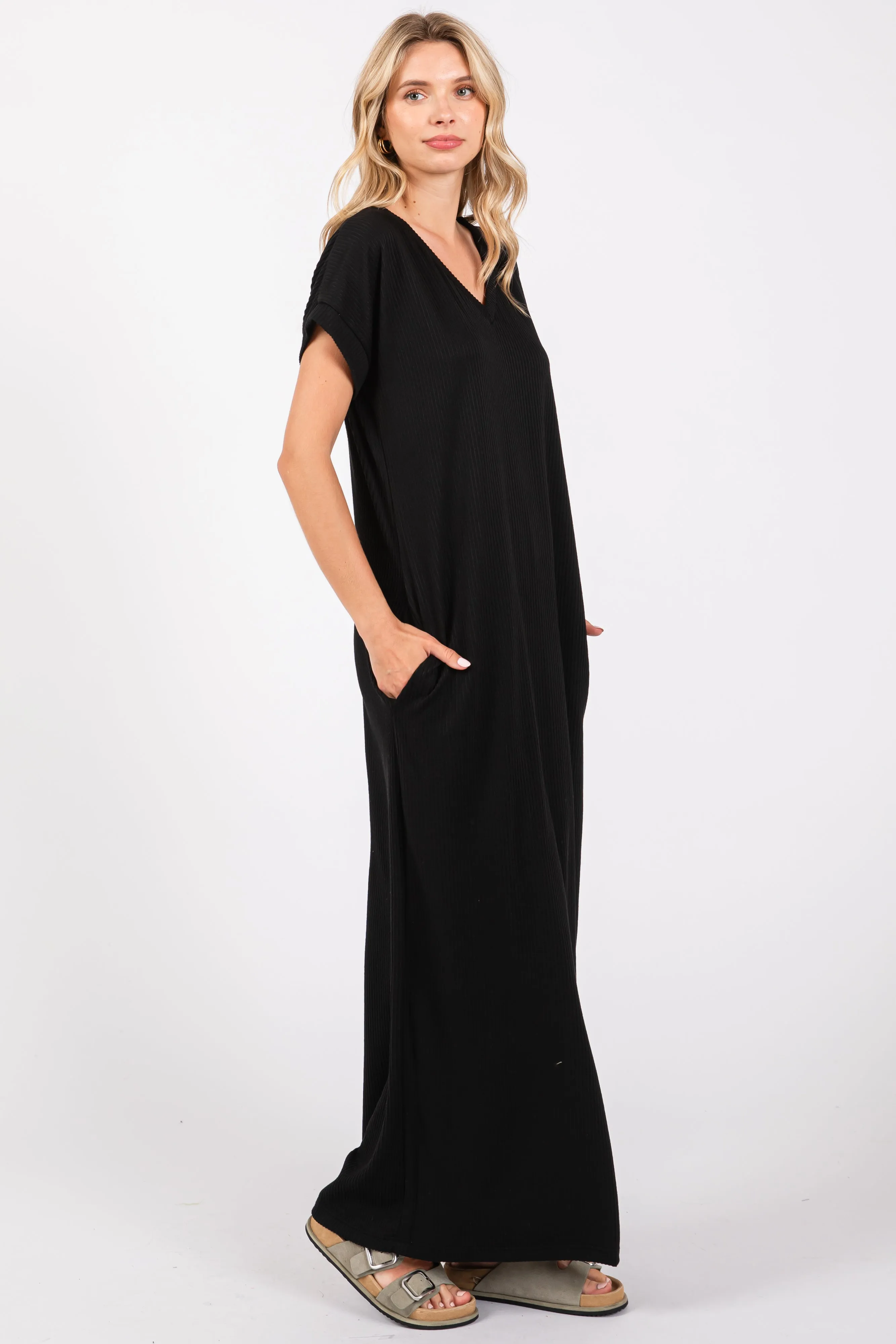 Black Ribbed V-Neck Midi Dress sold by Pinkblush product image thumbnail 2