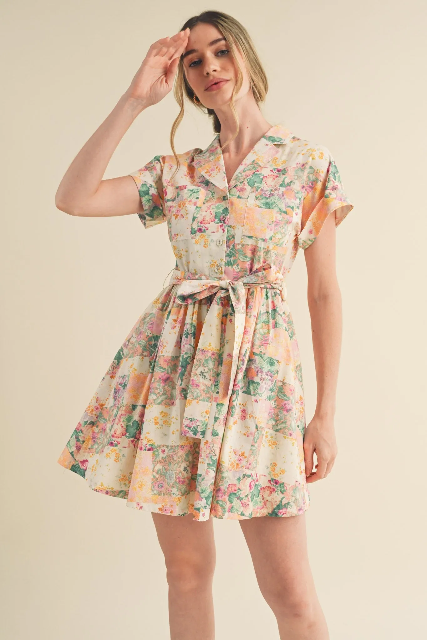 Pink Multi Floral Button Down Short Sleeve Mini Dress sold by Pinkblush