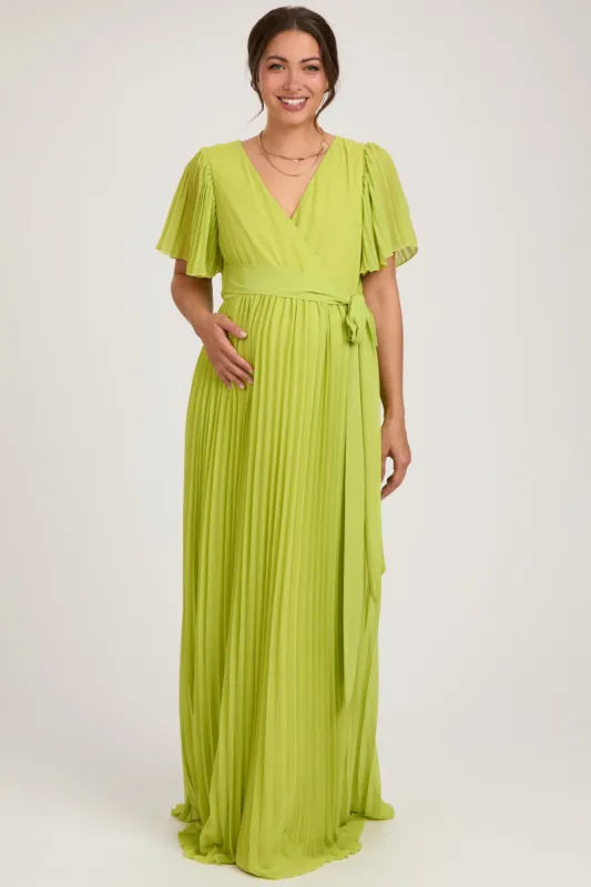 Lime Chiffon Wrap Front V-Neck Short Sleeve Pleated Maternity Maxi Dress sold by Pinkblush