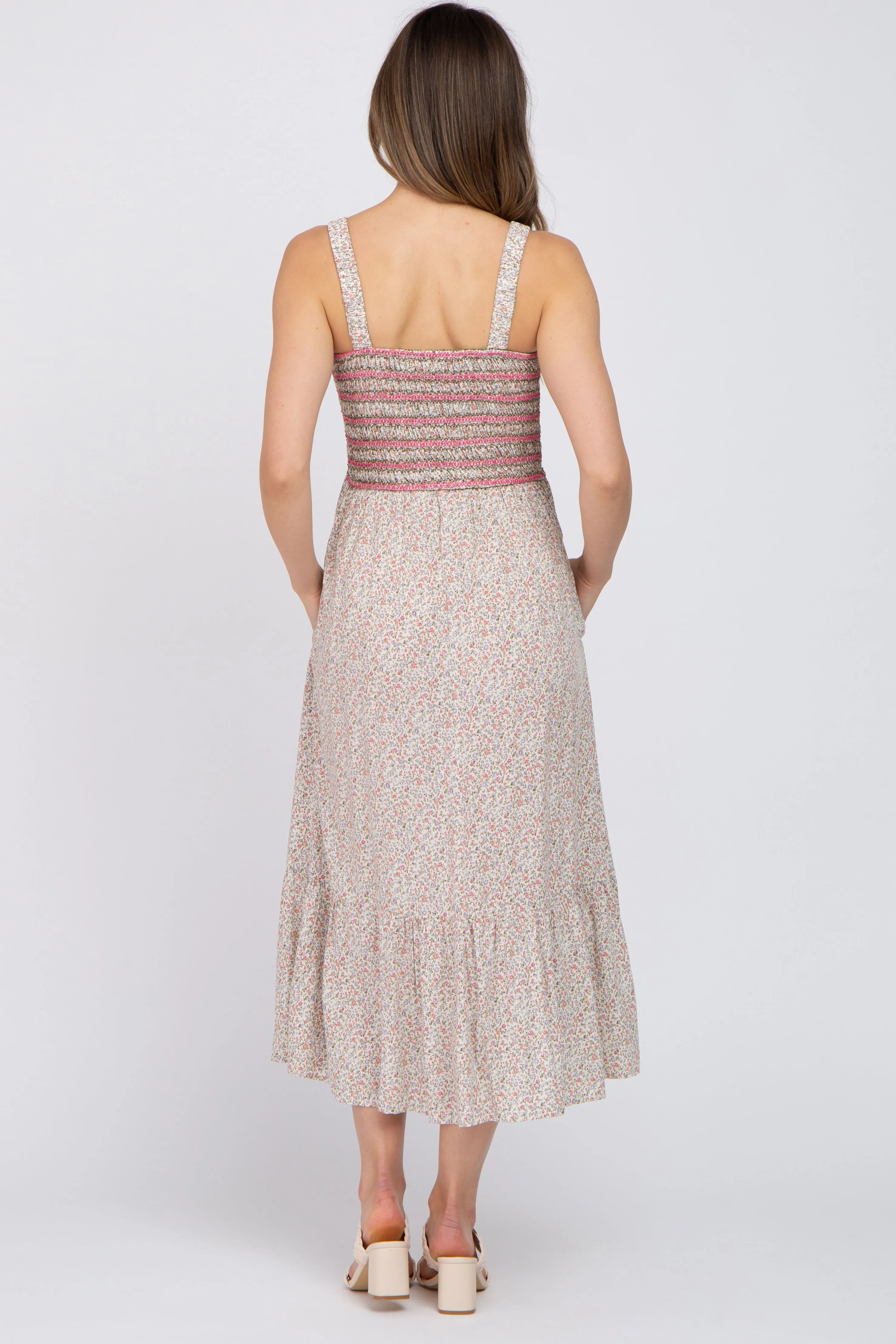 Pink Multi-Color Floral Smocked Sleeveless Maternity Midi Dress sold by Pinkblush product image thumbnail 3