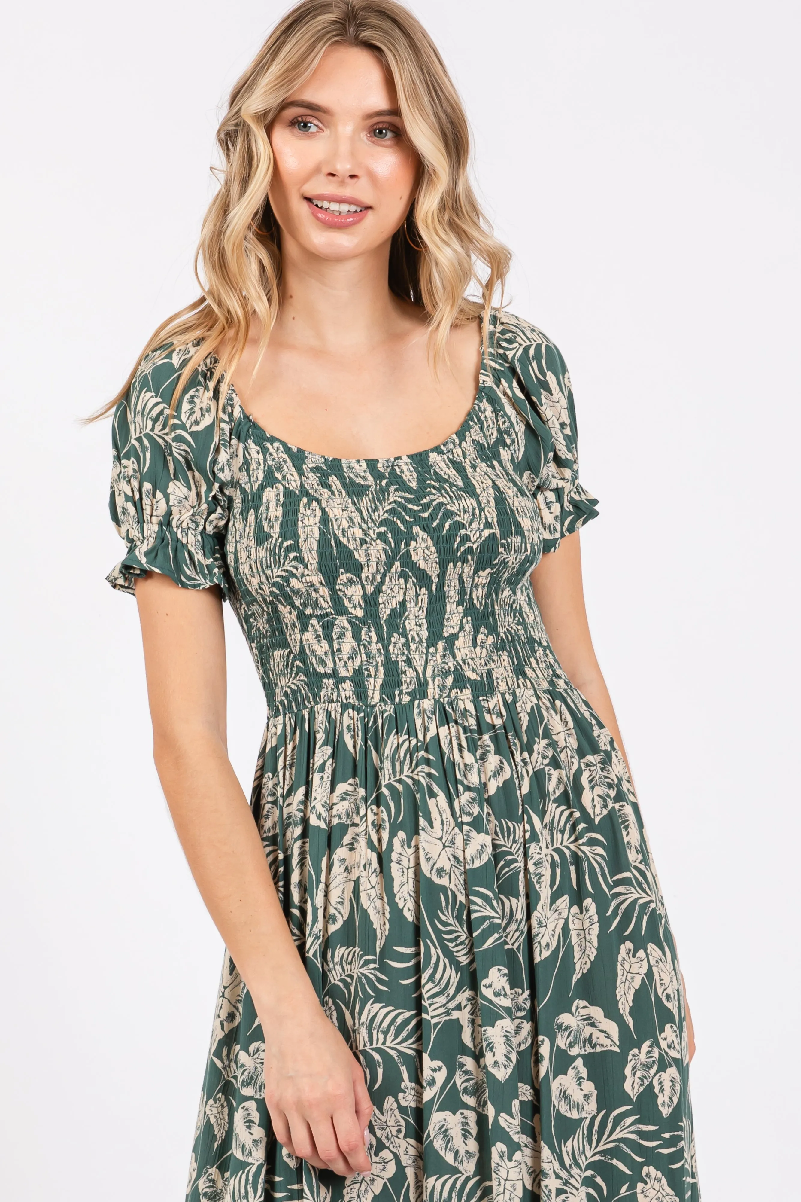 Teal Floral Smocked Short Puff Sleeve Midi Dress sold by Pinkblush product image thumbnail 4