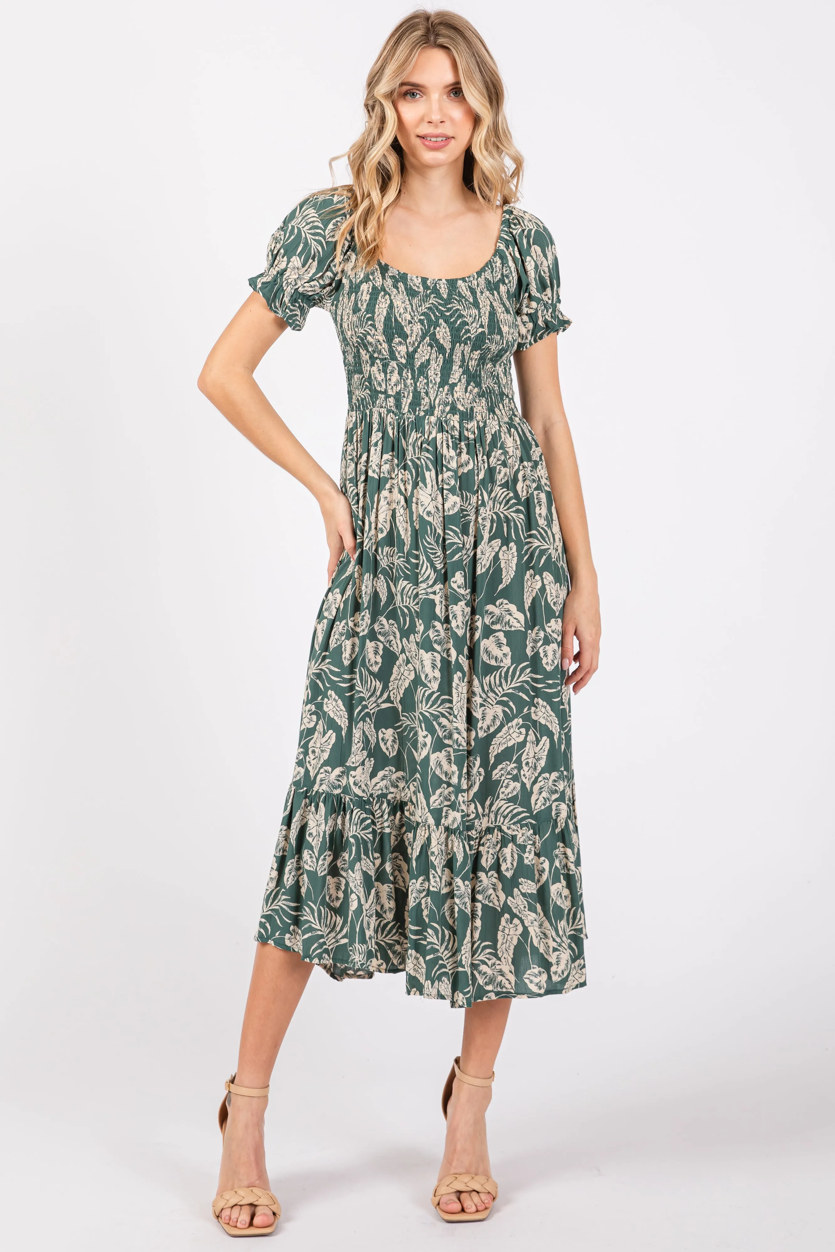 Teal Floral Smocked Short Puff Sleeve Midi Dress sold by Pinkblush