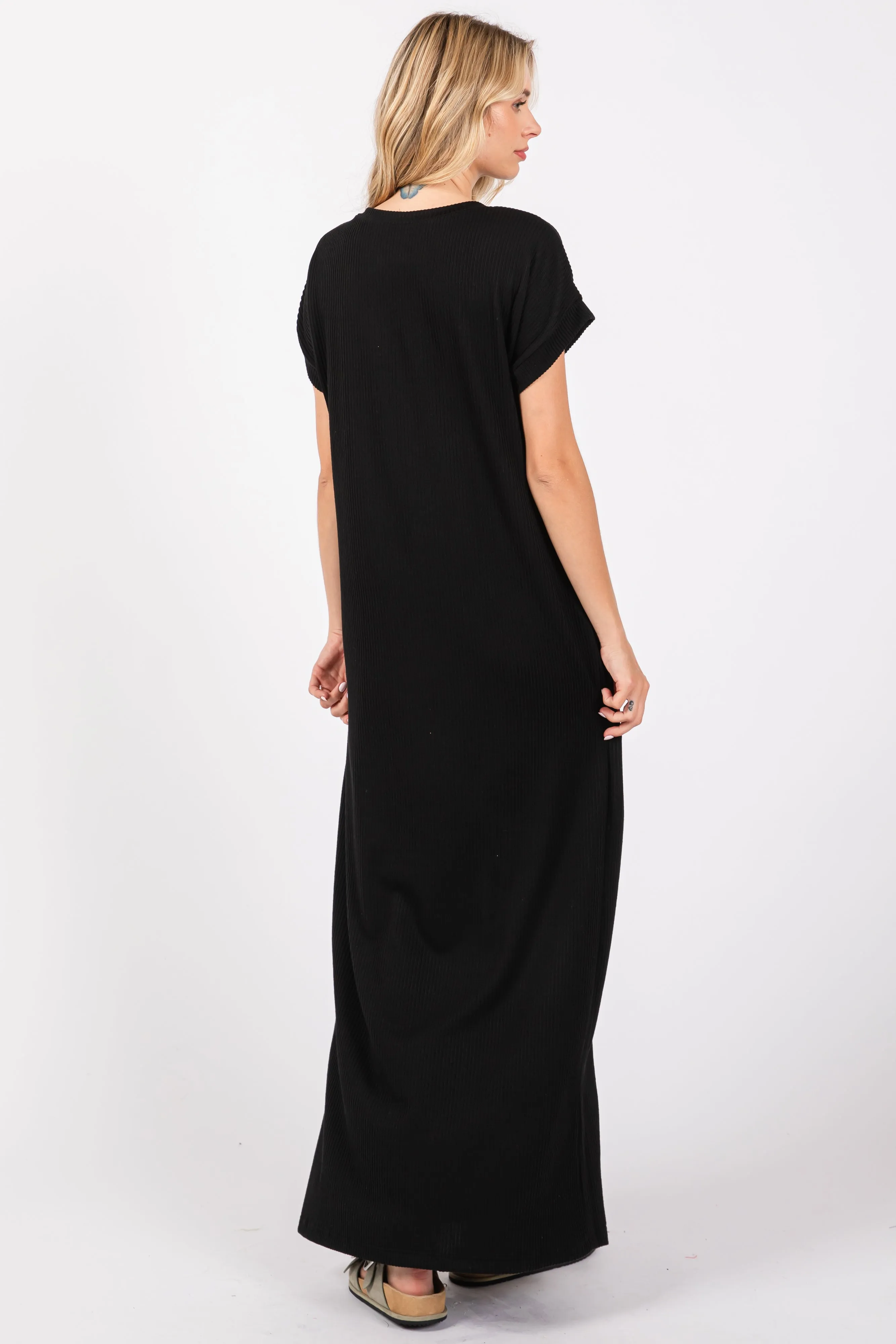 Black Ribbed V-Neck Midi Dress sold by Pinkblush product image thumbnail 3