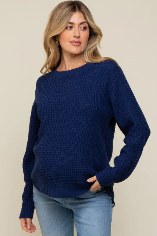 Navy Blue Waffle Knit Round Hem Maternity Sweater sold by Pinkblush