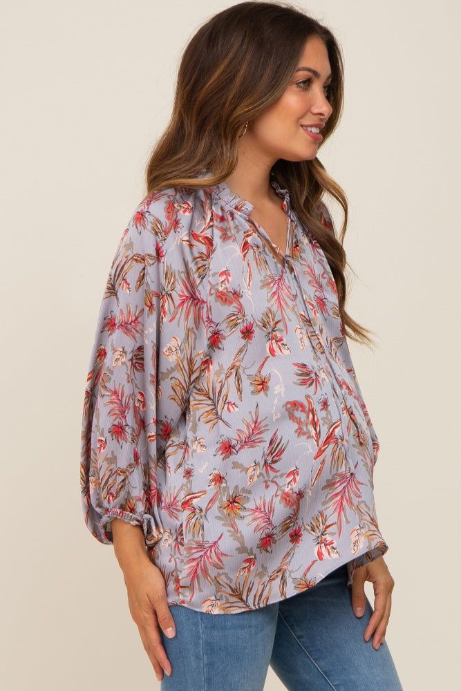 Grey Floral Ruffle Neck Puff 3/4 Sleeve Satin Maternity Top sold by Pinkblush product image thumbnail 3