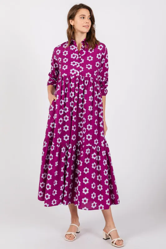 Purple Floral 3/4 Sleeve Collared Maxi Dress sold by Pinkblush