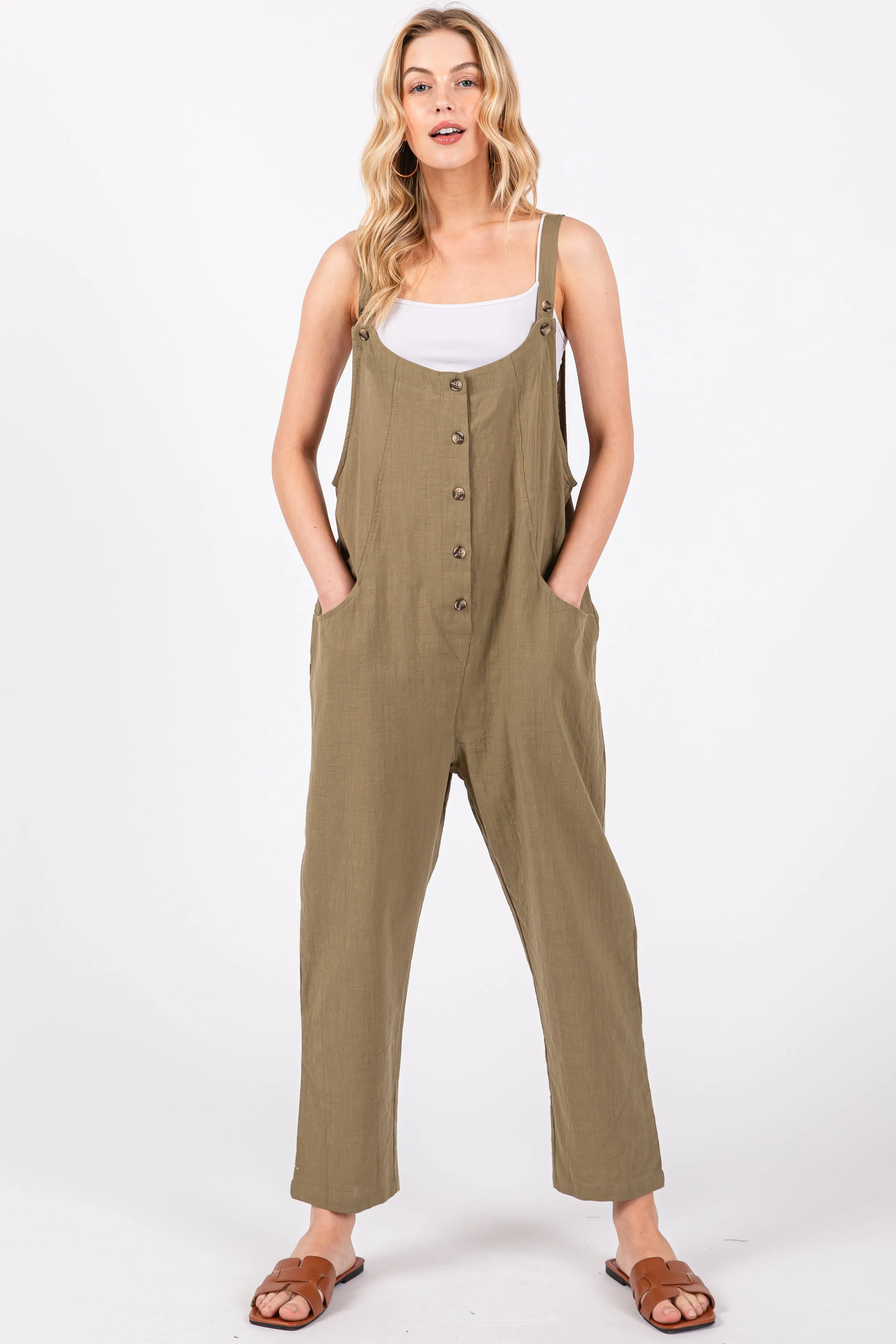 Olive Button Down Cropped Jumpsuit sold by Pinkblush