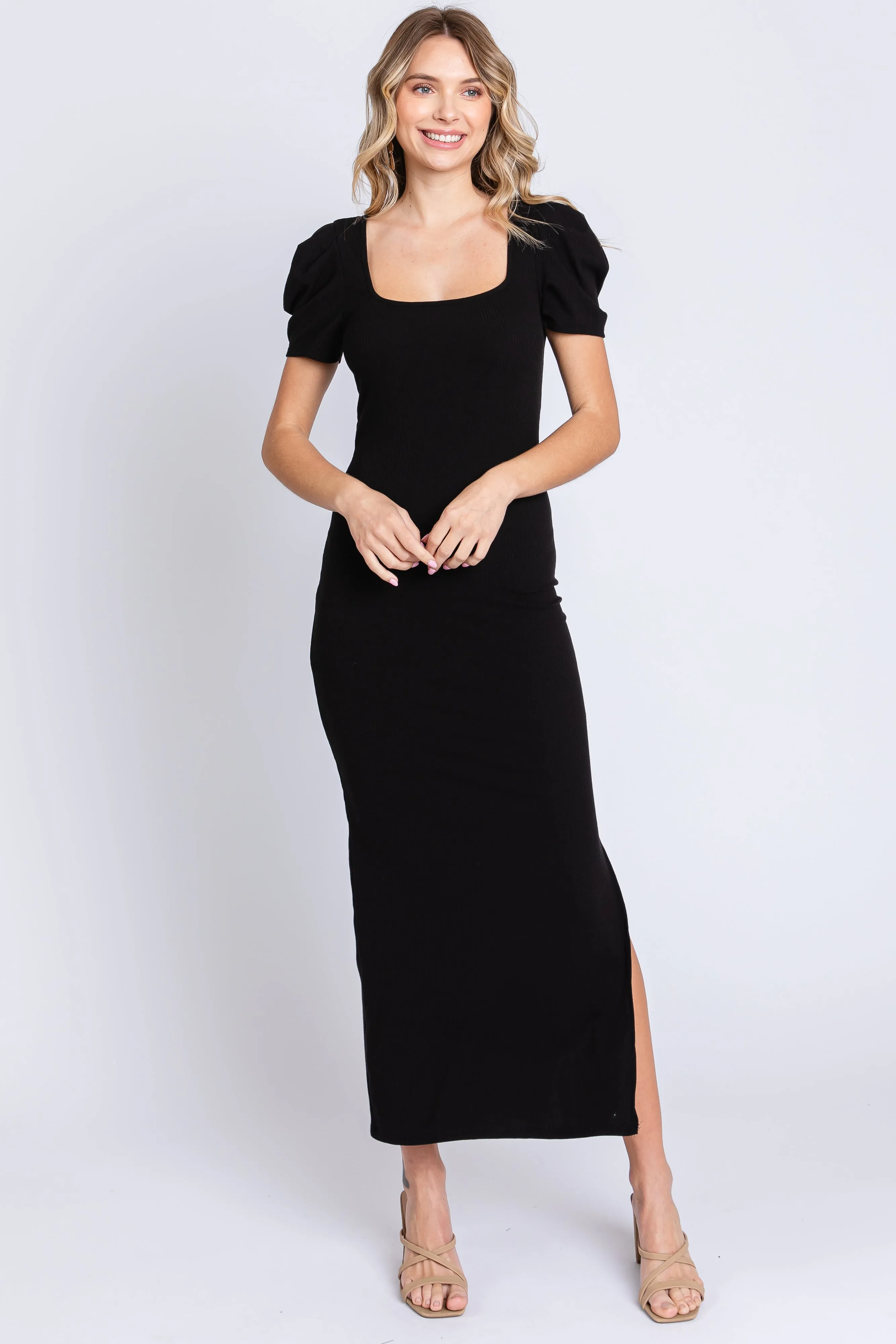 Black Ribbed Square Neck Side Slit Dress sold by Pinkblush