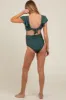 Olive Ribbed Ruffle Shoulder Front Tie High Waist Two-Piece Maternity Swimsuit sold by Pinkblush