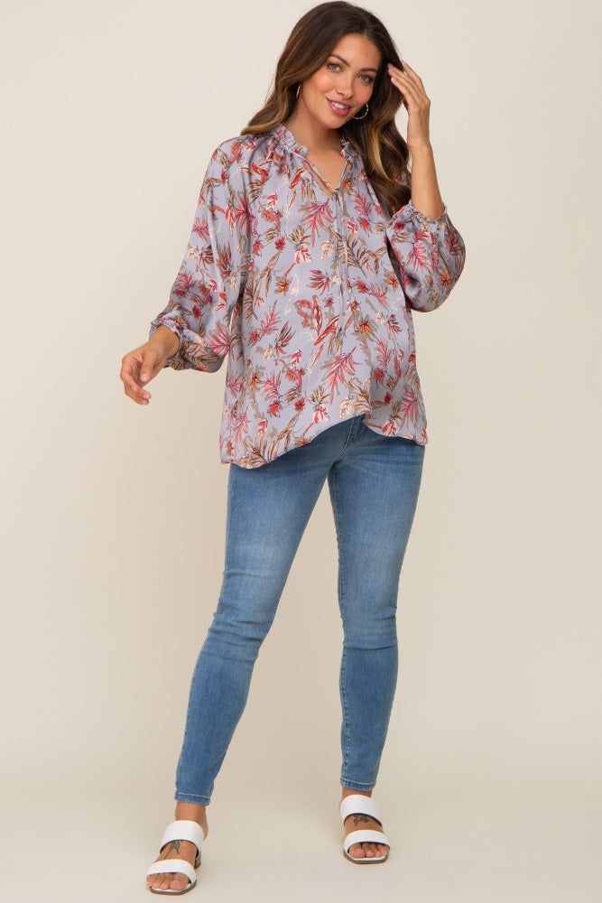 Grey Floral Ruffle Neck Puff 3/4 Sleeve Satin Maternity Top sold by Pinkblush