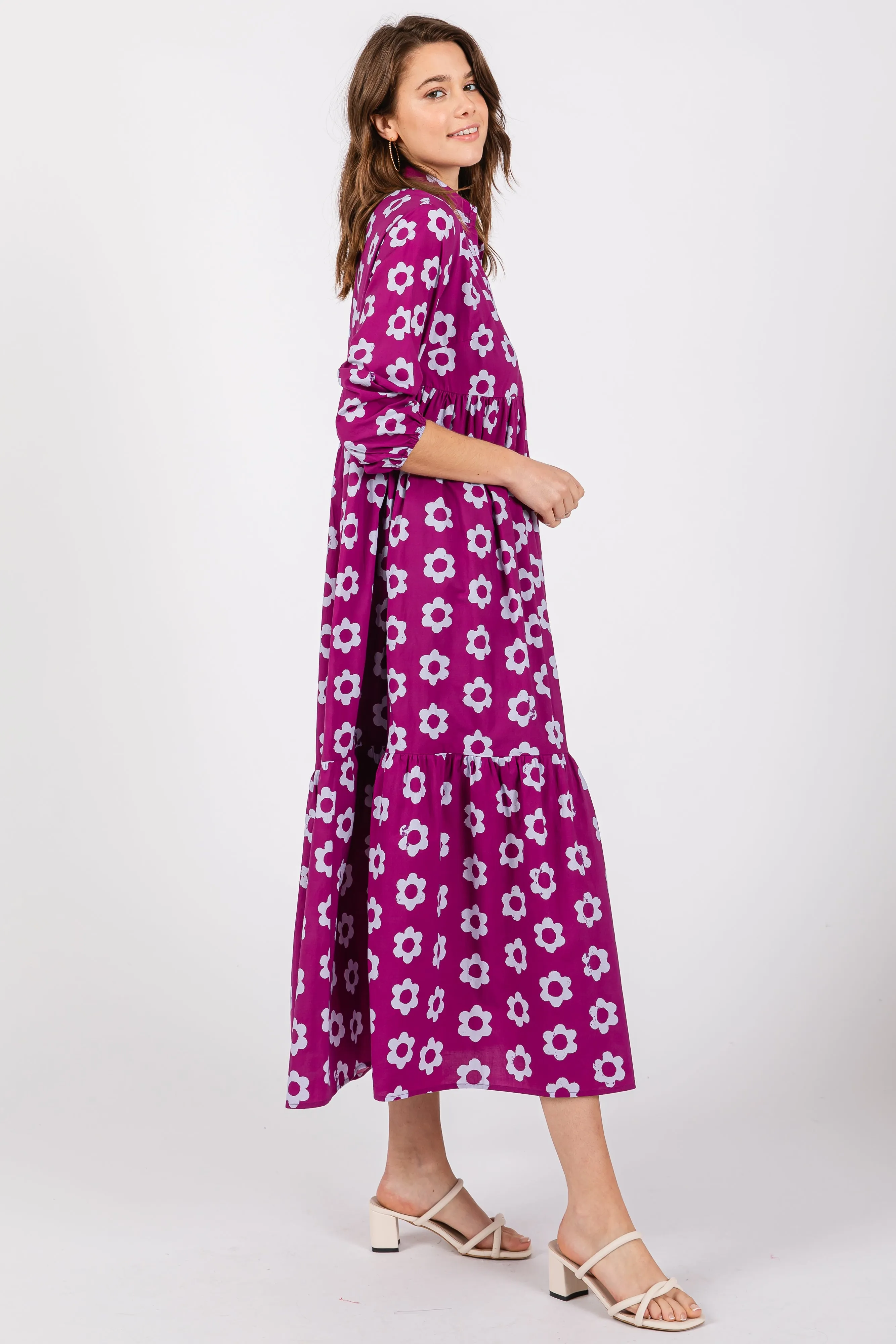 Purple Floral 3/4 Sleeve Collared Maxi Dress sold by Pinkblush product image thumbnail 2
