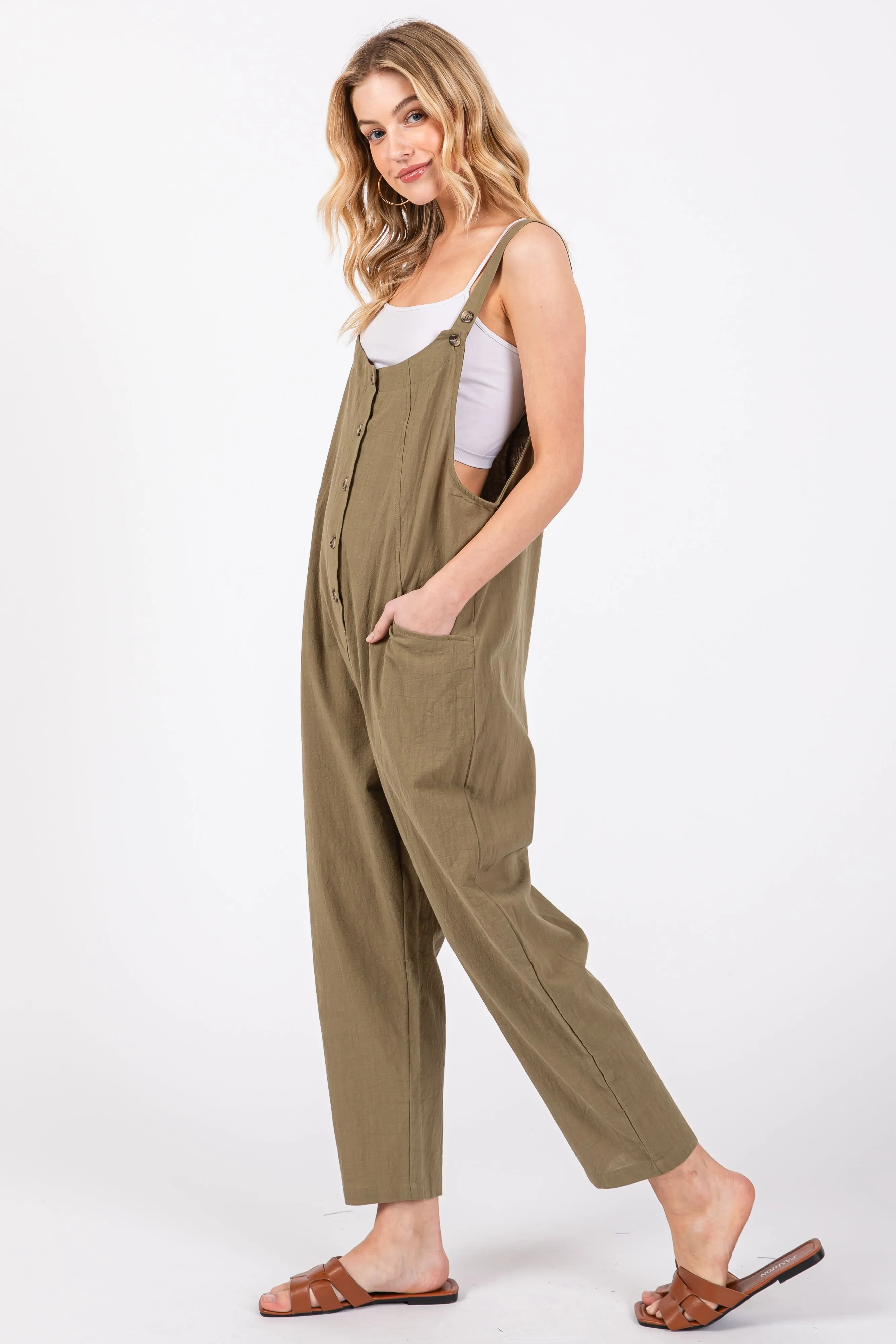 Olive Button Down Cropped Jumpsuit sold by Pinkblush product image thumbnail 2