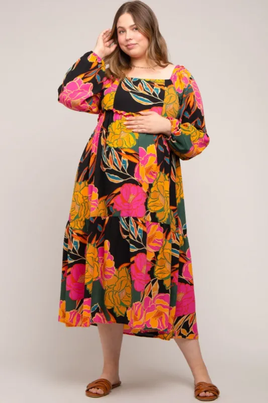 Black Floral Long Sleeve Maternity Plus Midi Dress sold by Pinkblush