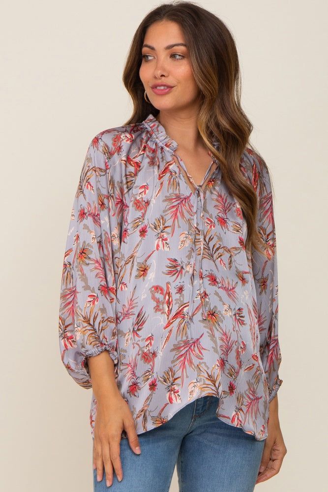 Grey Floral Ruffle Neck Puff 3/4 Sleeve Satin Maternity Top sold by Pinkblush product image thumbnail 2