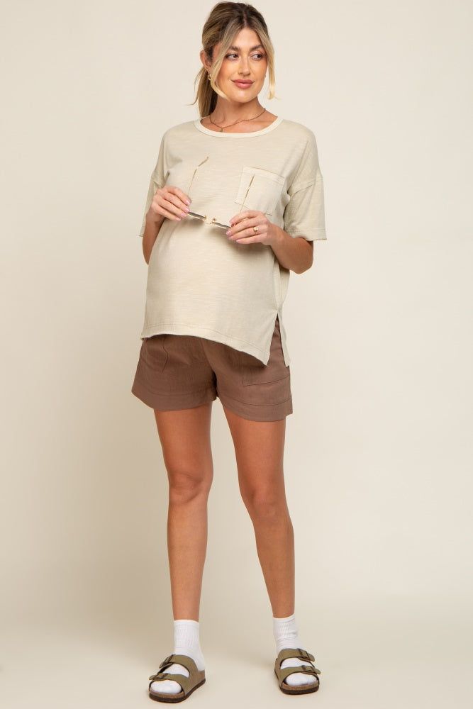 Beige Raw Hem Front Pocket Maternity T-Shirt sold by Pinkblush product image thumbnail 6