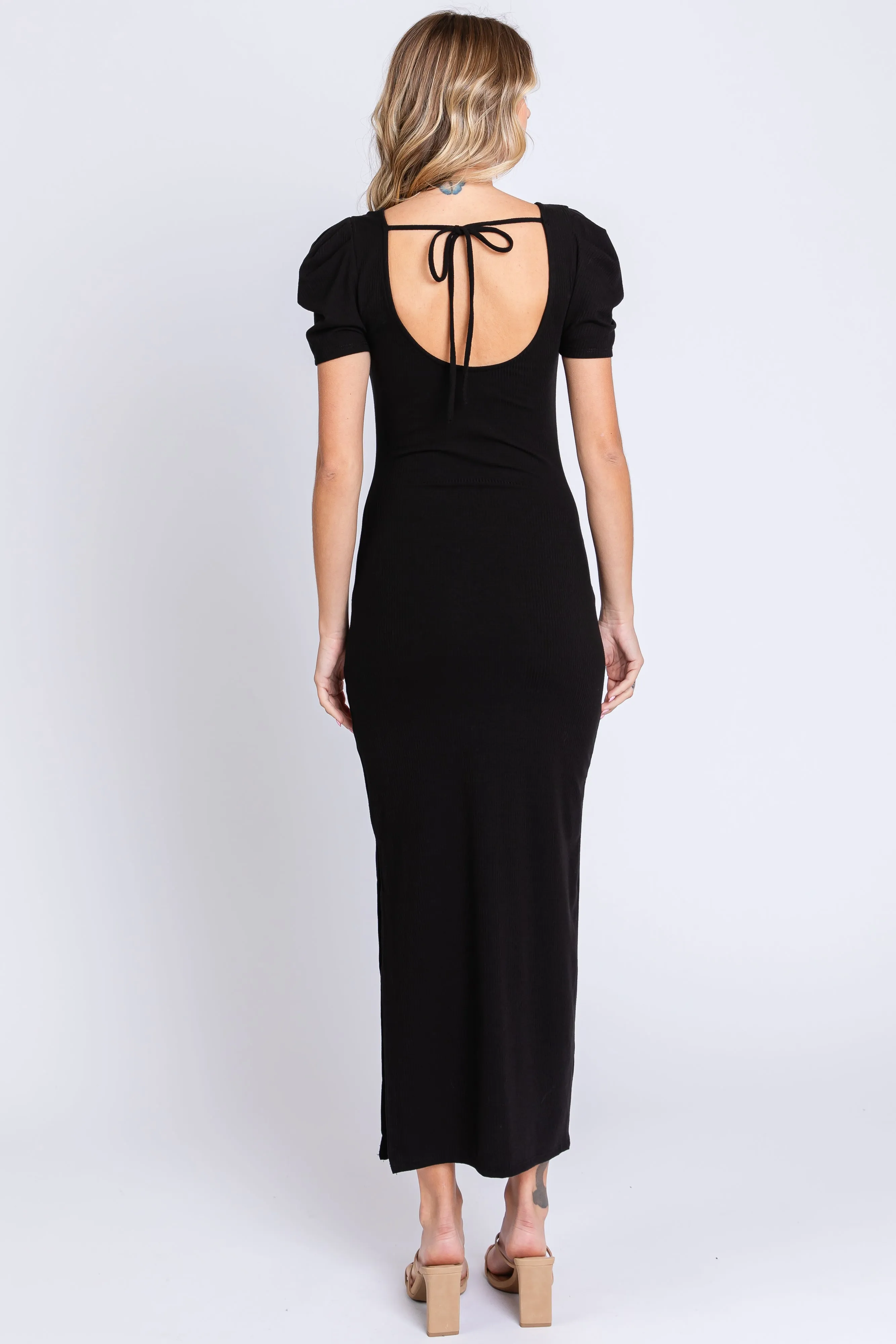 Black Ribbed Square Neck Side Slit Dress sold by Pinkblush product image thumbnail 3