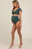 Olive Ribbed Ruffle Shoulder Front Tie High Waist Two-Piece Maternity Swimsuit sold by Pinkblush