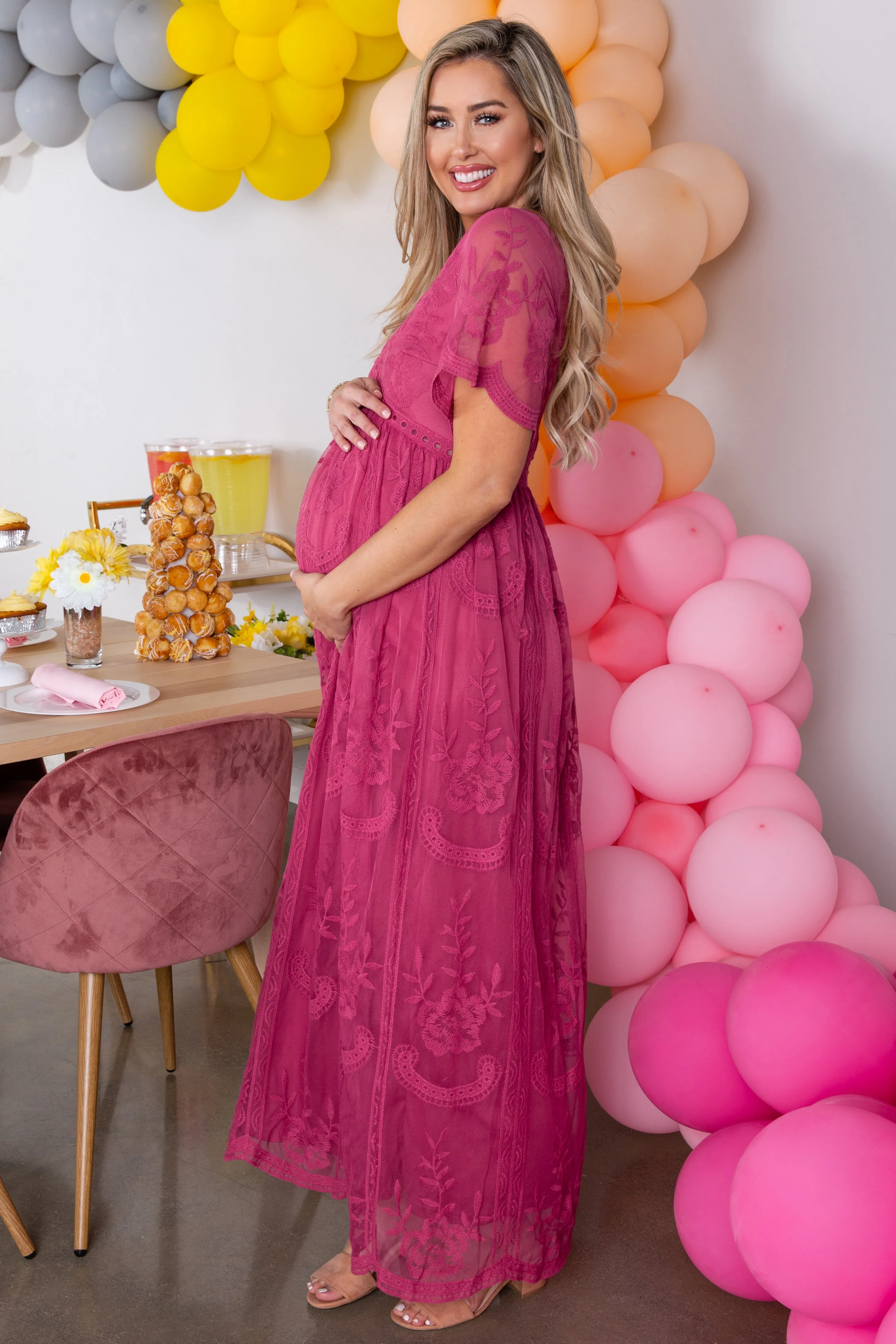 PinkBlush Magenta Lace Mesh Overlay Maternity Maxi Dress sold by Pinkblush product image thumbnail 5