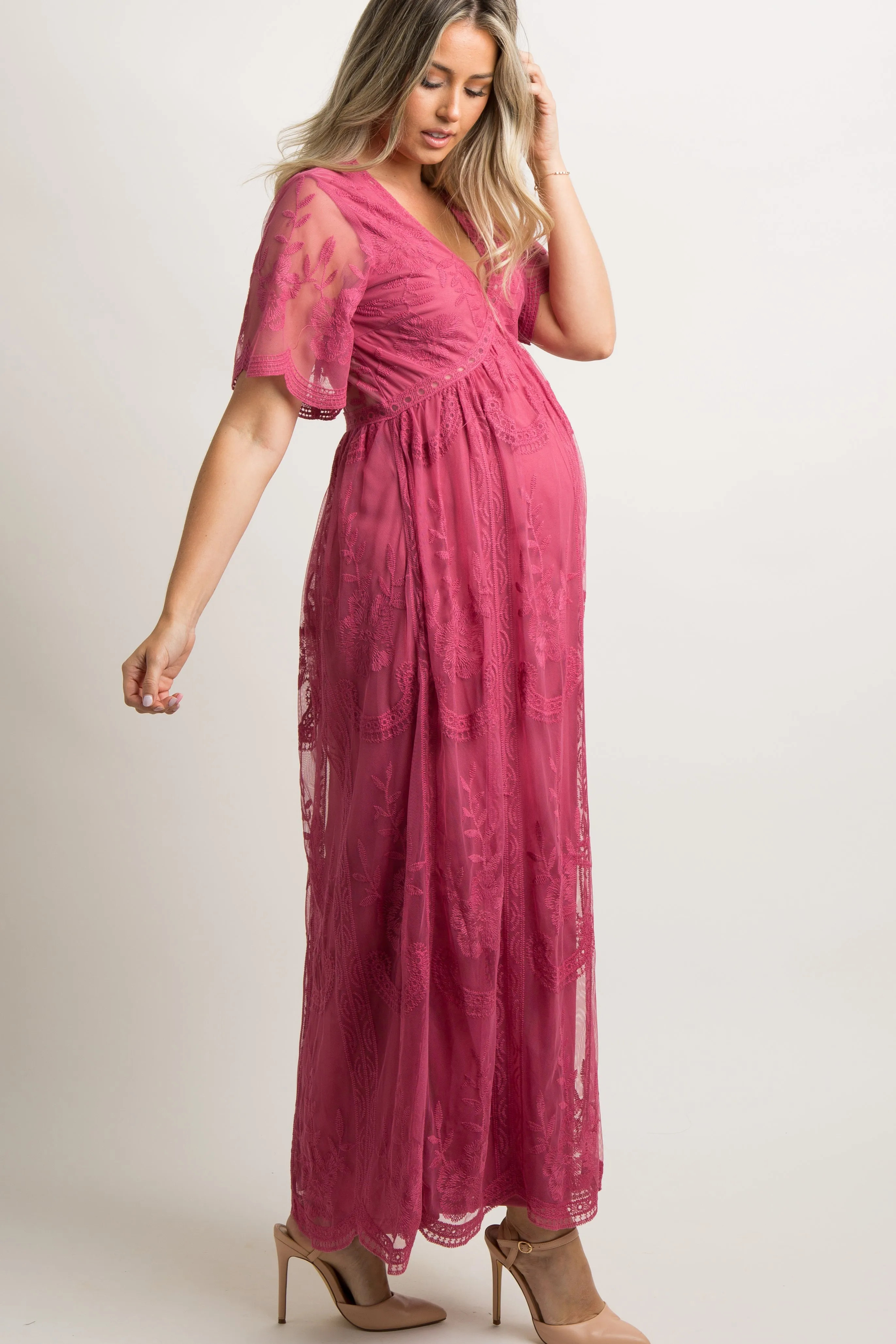 PinkBlush Magenta Lace Mesh Overlay Maternity Maxi Dress sold by Pinkblush product image thumbnail 2