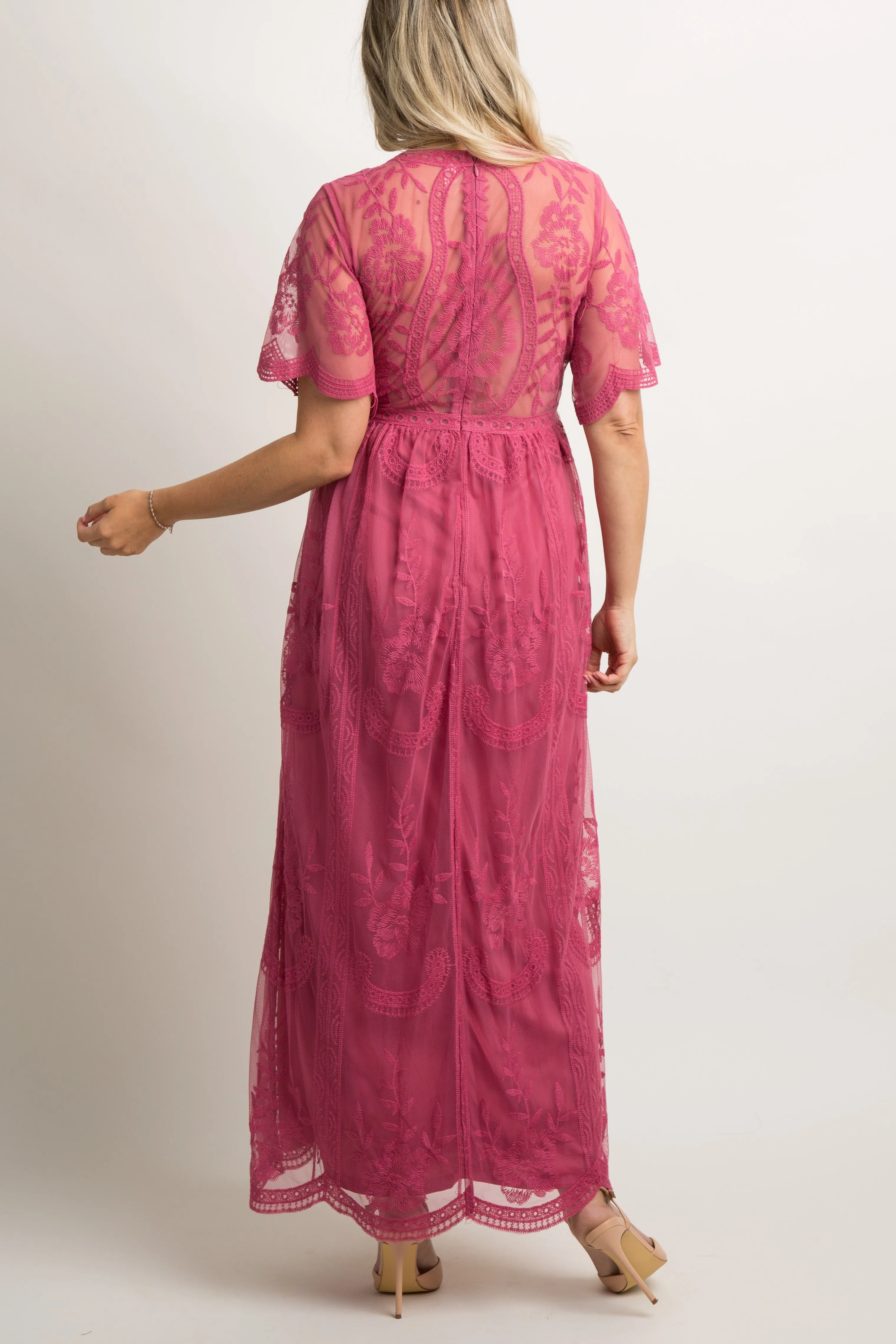 PinkBlush Magenta Lace Mesh Overlay Maternity Maxi Dress sold by Pinkblush product image thumbnail 3