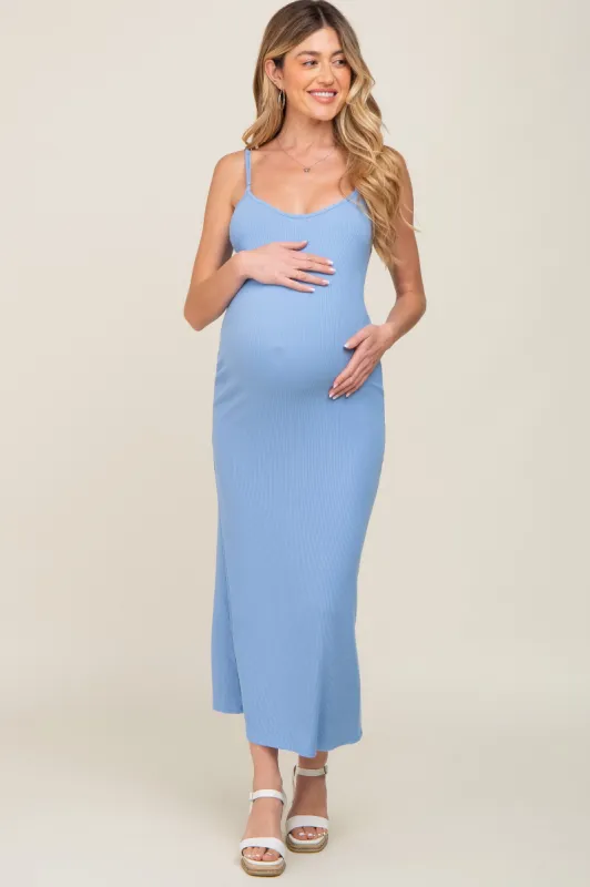 Blue Ribbed Sleeveless Basic Maternity Maxi Dress sold by Pinkblush