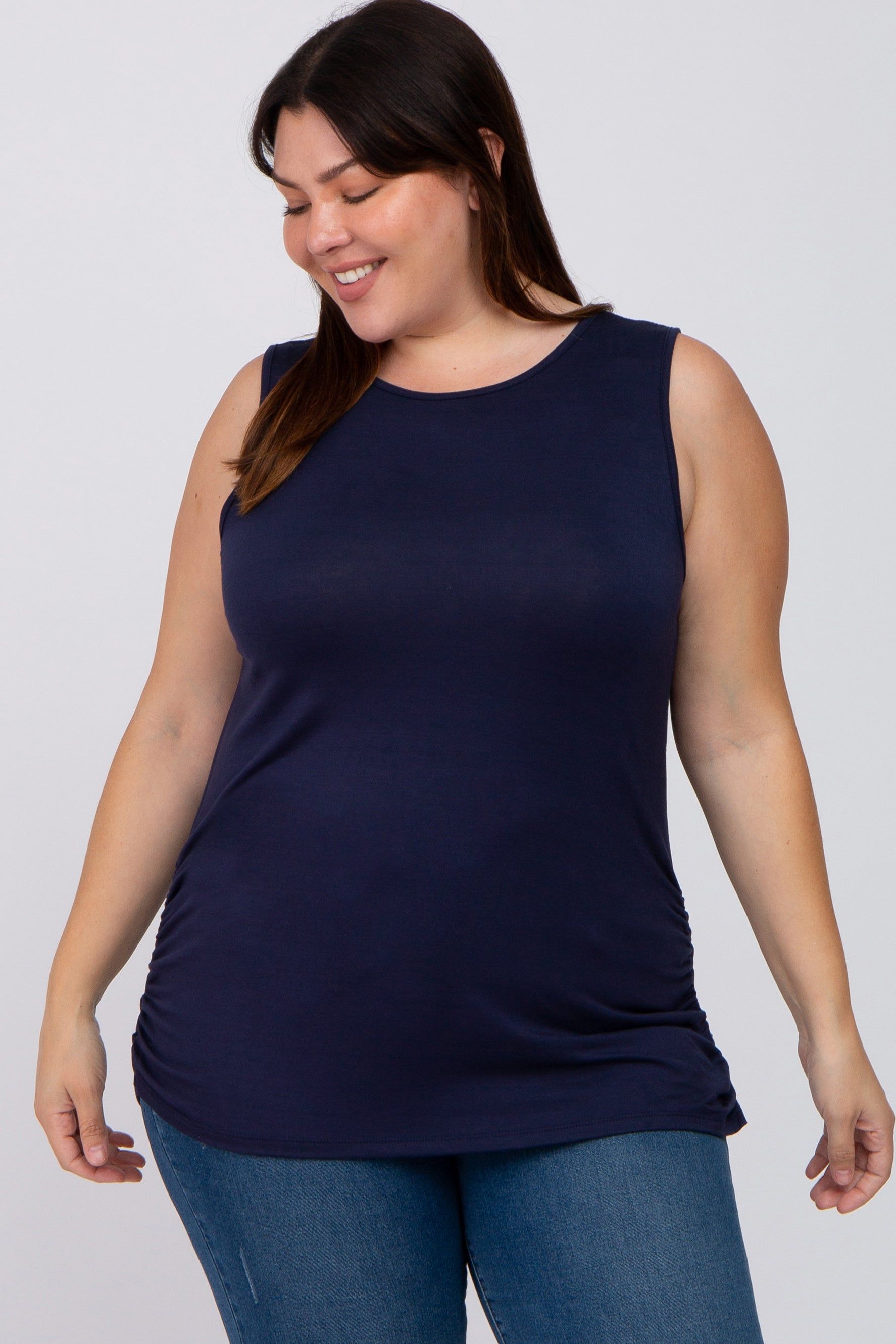 Navy Ruched Side Plus Tank sold by Pinkblush