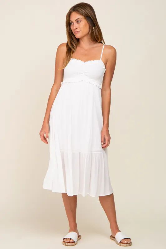 Ivory Smocked Ruffle Accent Midi Dress sold by Pinkblush