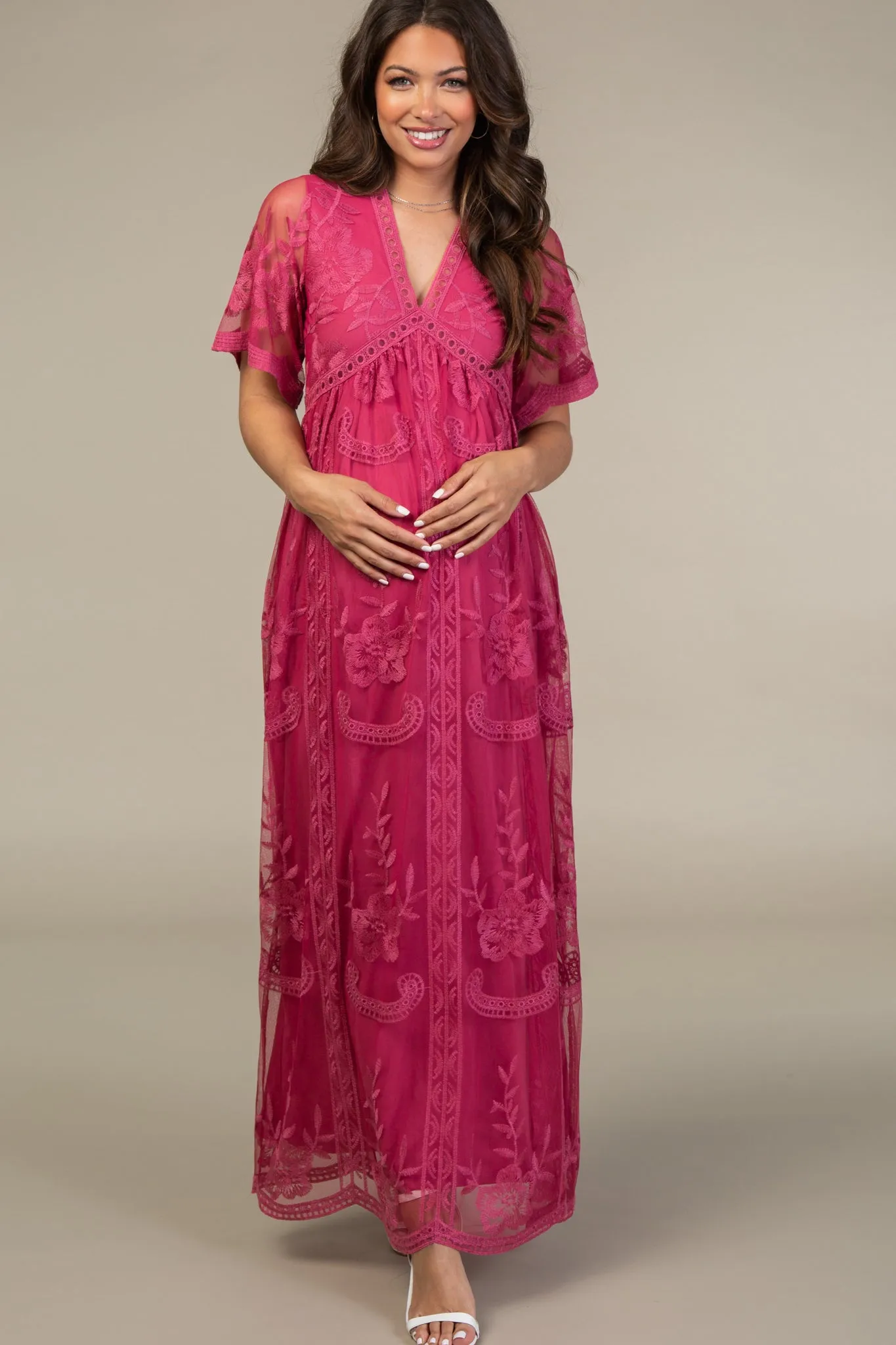 PinkBlush Magenta Lace Mesh Overlay Maternity Maxi Dress sold by Pinkblush product image thumbnail 4