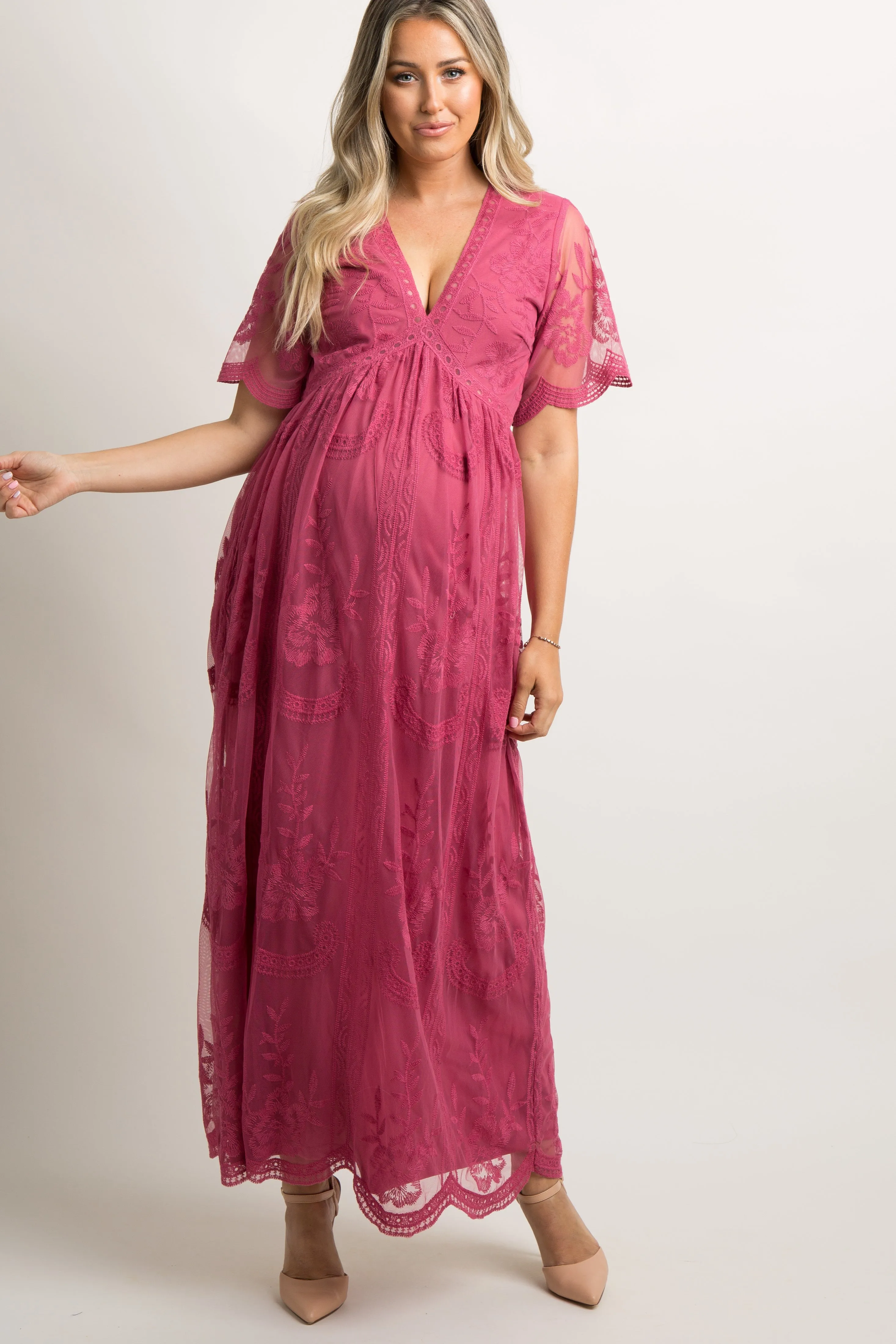 PinkBlush Magenta Lace Mesh Overlay Maternity Maxi Dress sold by Pinkblush