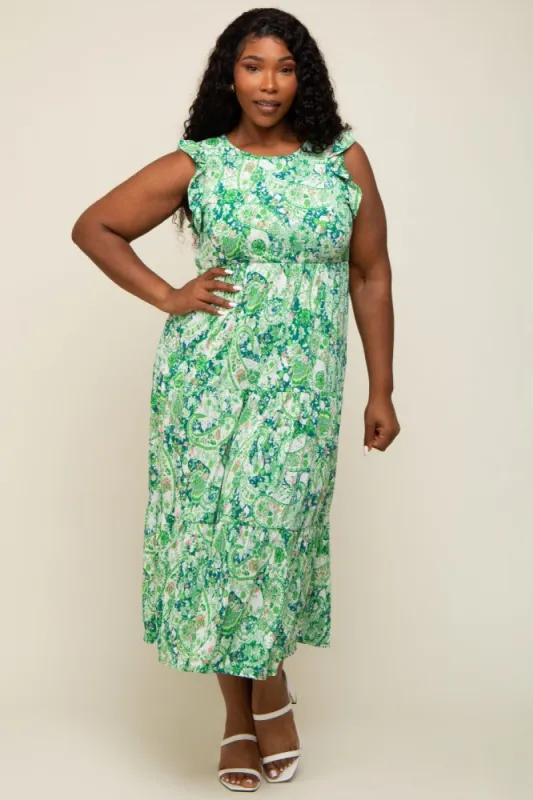 Green Floral Paisley Tiered Plus Midi Dress sold by Pinkblush