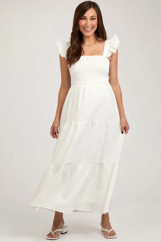 Cream Sleeveless Smocked Tiered Maternity Maxi Dress sold by Pinkblush