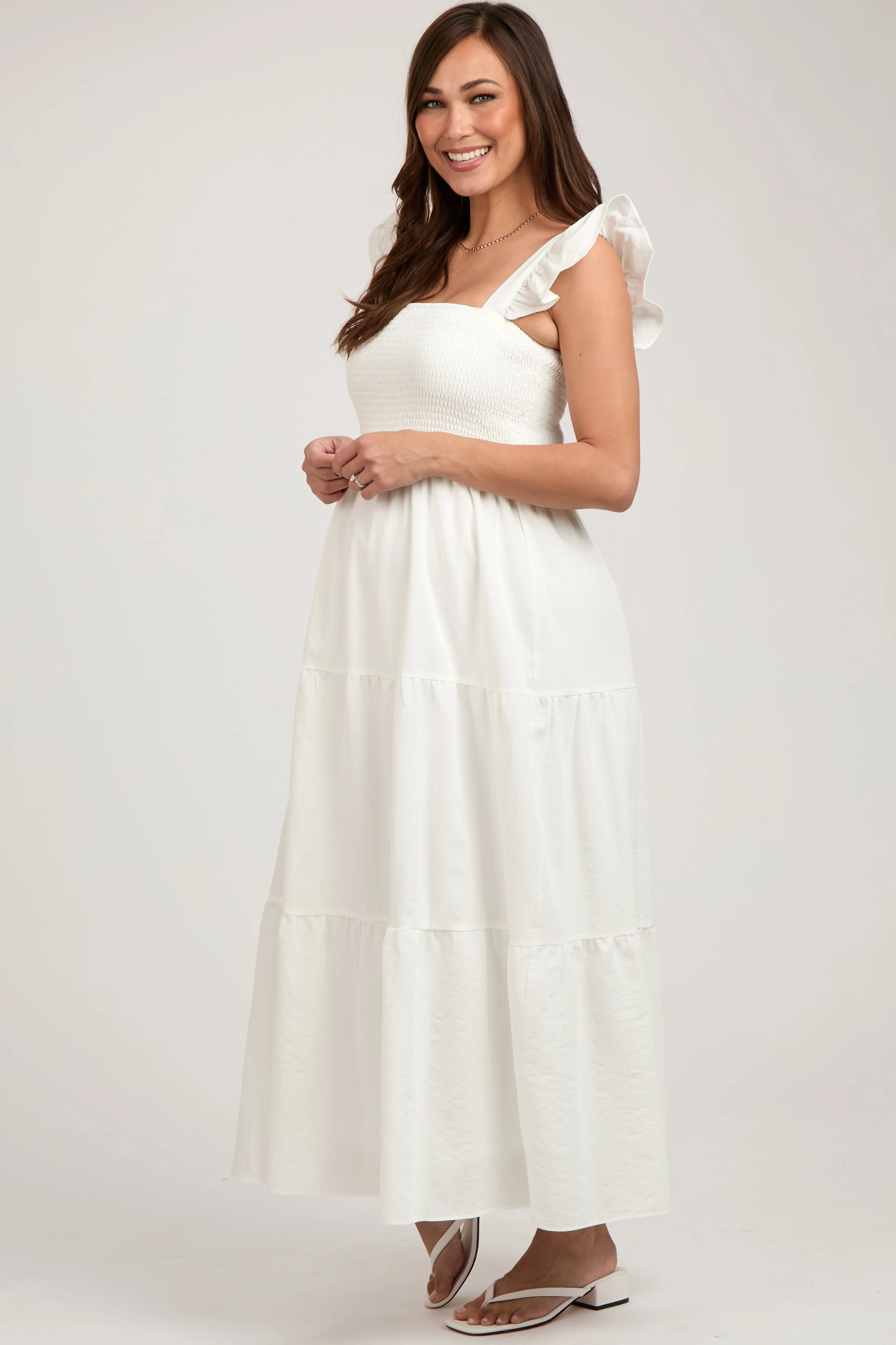 Cream Sleeveless Smocked Tiered Maternity Maxi Dress sold by Pinkblush product image thumbnail 2