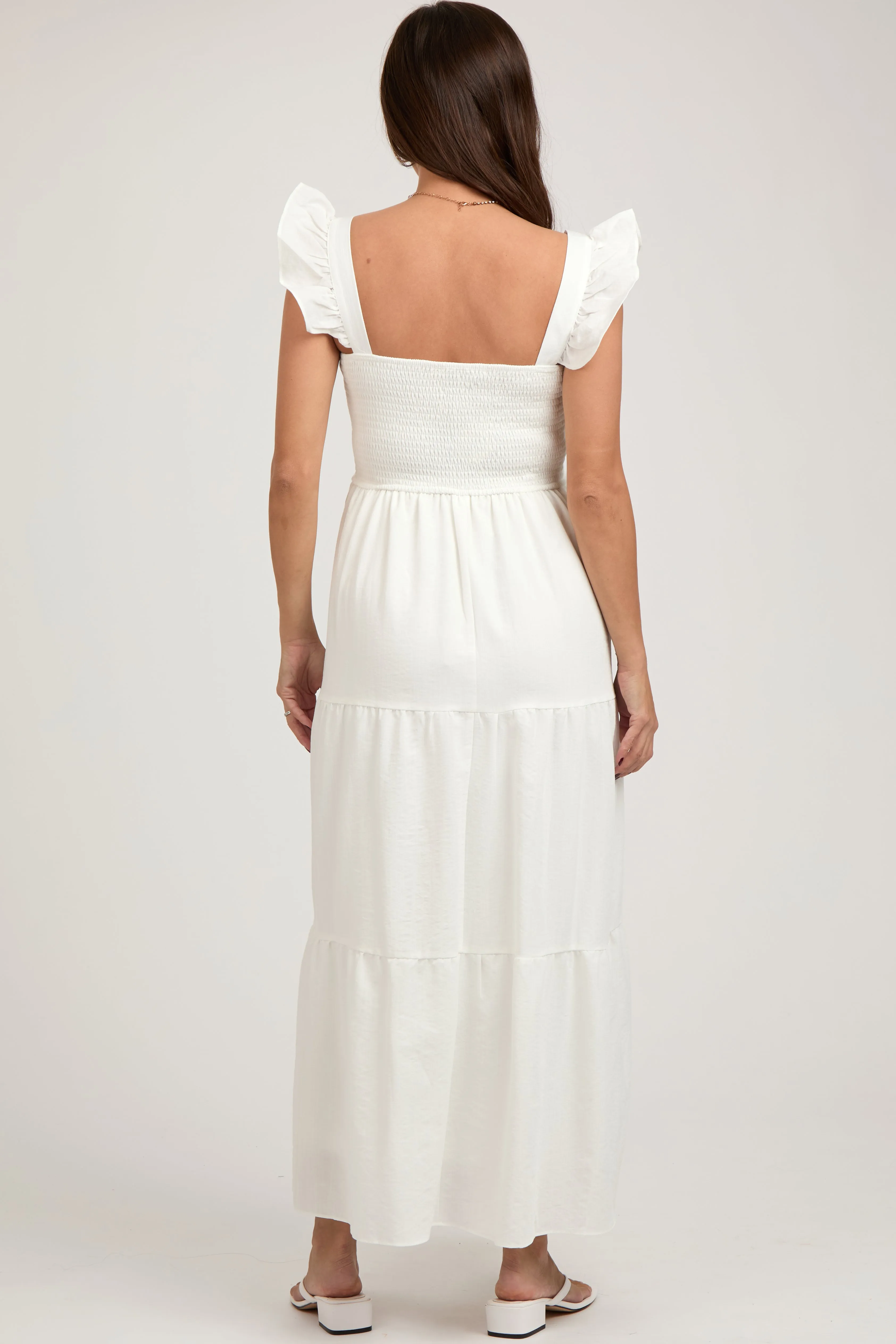 Cream Sleeveless Smocked Tiered Maternity Maxi Dress sold by Pinkblush product image thumbnail 3